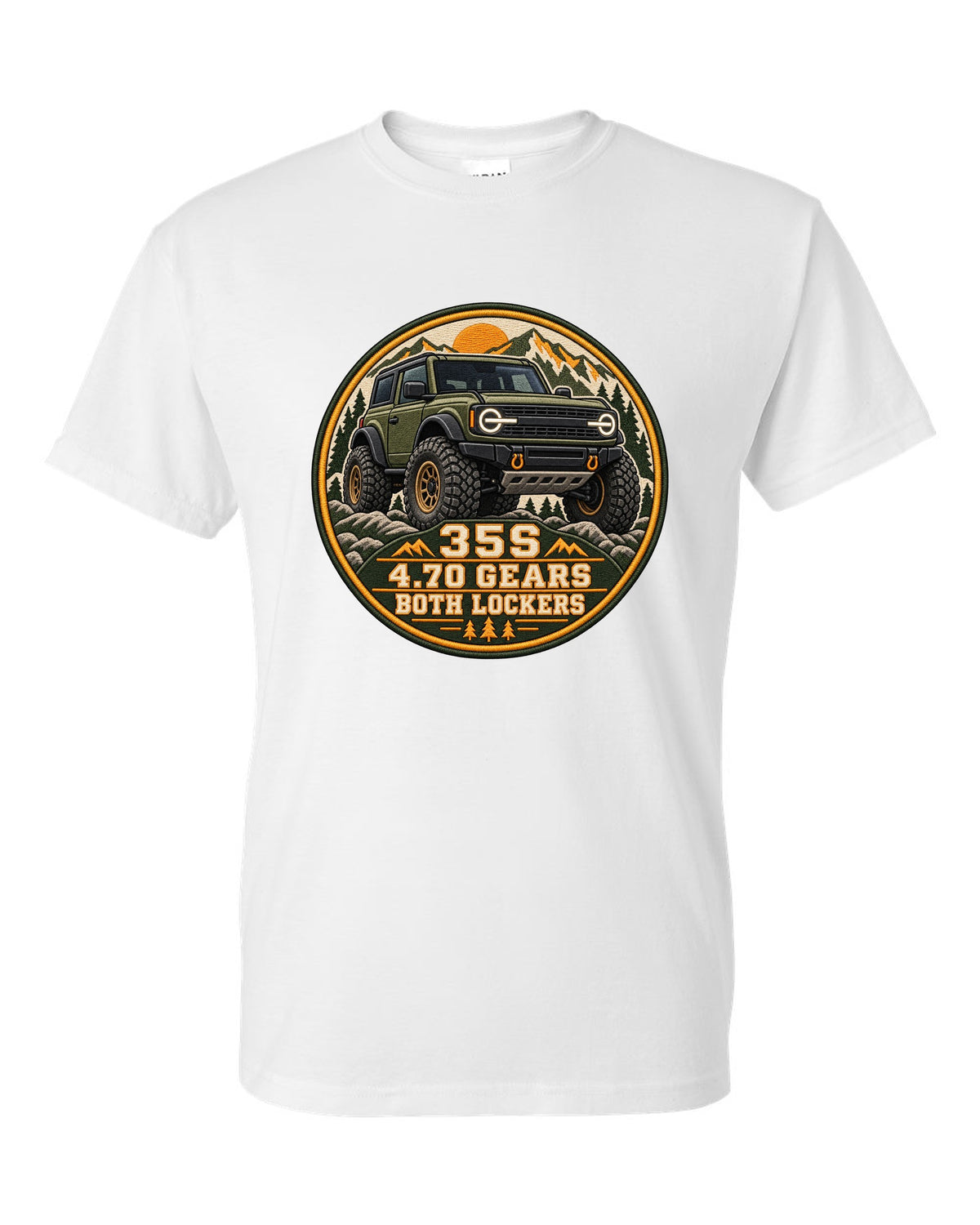 Round seal print for a 2021 Ford Bronco 6G Sasquatch package with 35s and lockers text white t-shirt front view with the design