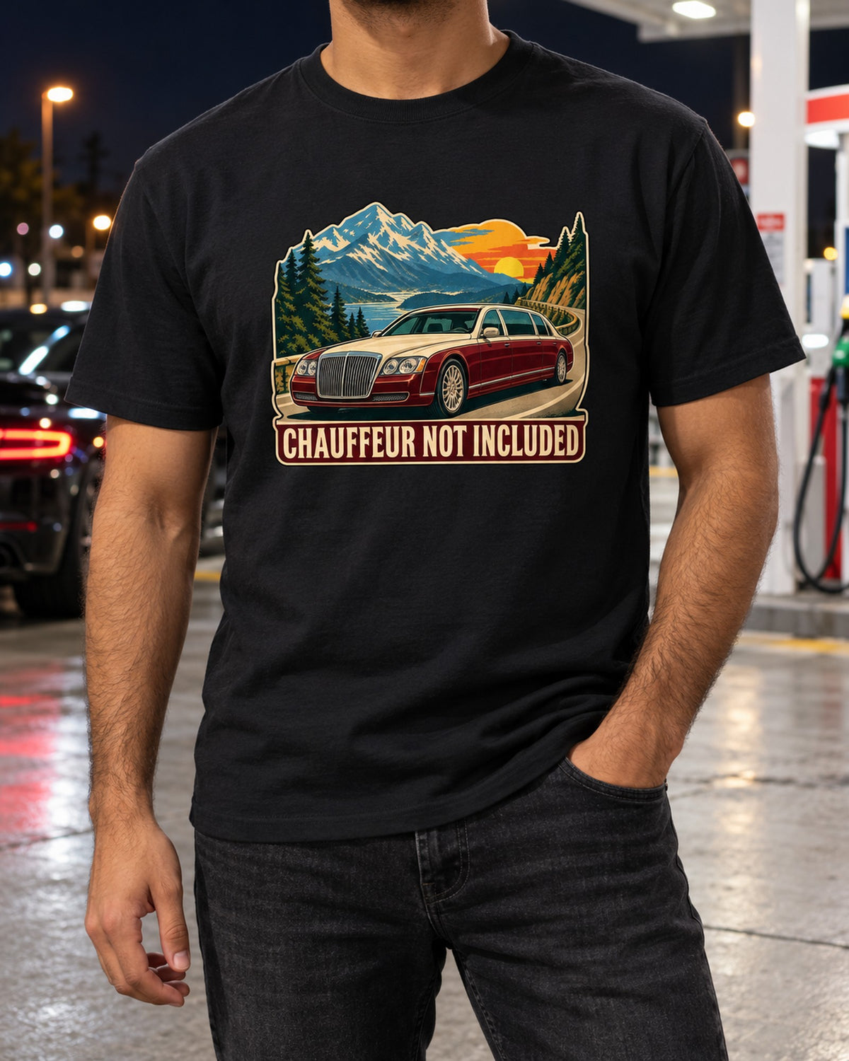 Maybach 57 W240 1960s Travel Poster Shirt, Chauffeur Joke T-Shirt Black worn hero