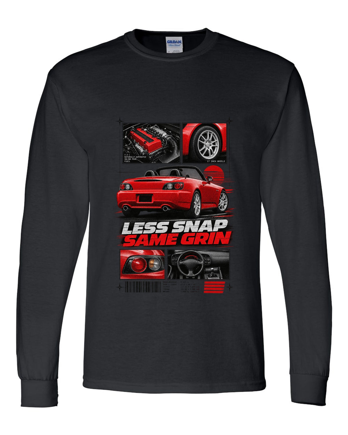 Honda S2000 AP2 roadster dossier panels design with 17 inch wheels less snap same grin text black long sleeve front view with the design