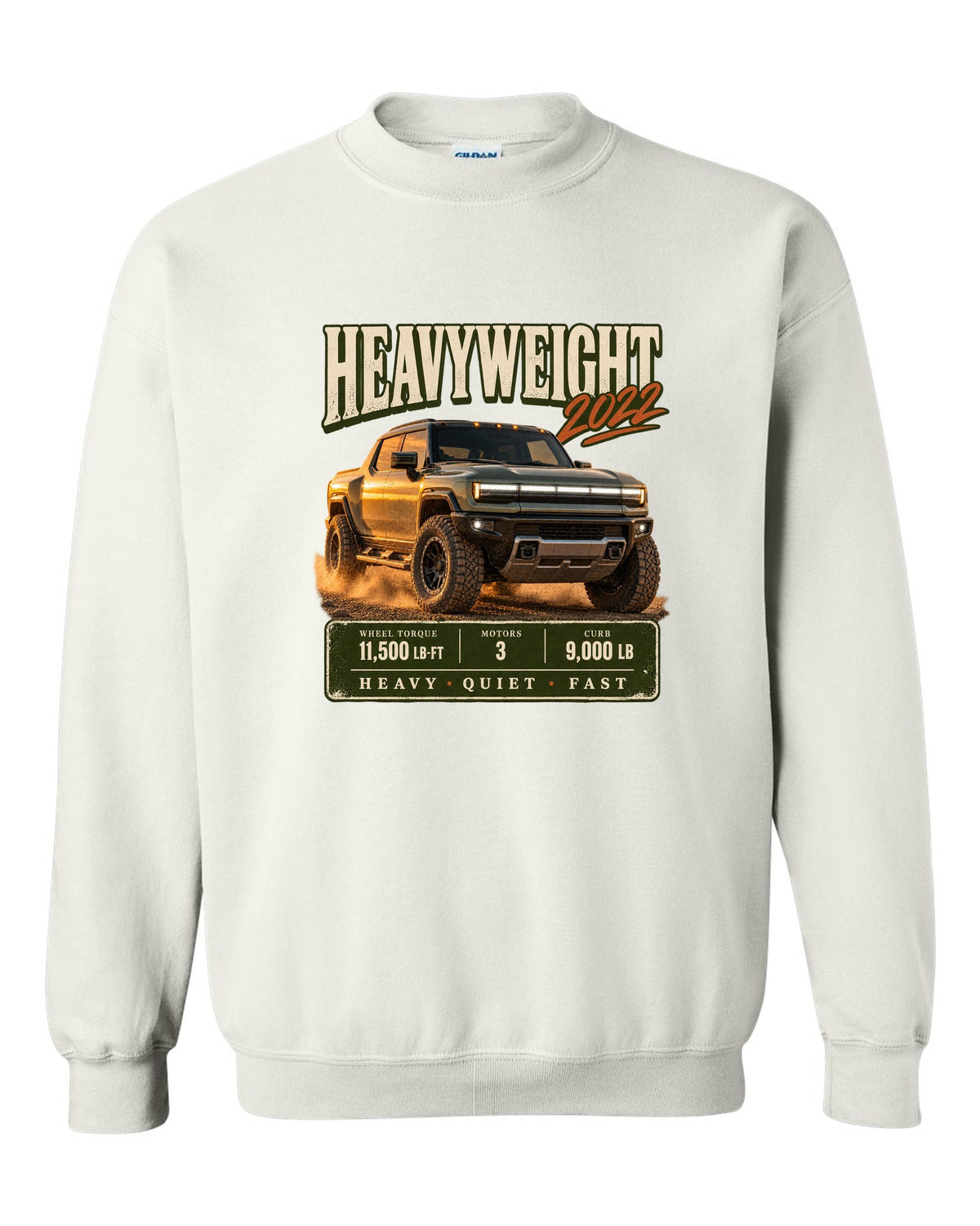 Full colour GMC Hummer EV 2022 three-quarter front archive panel design white crewneck front view with the design