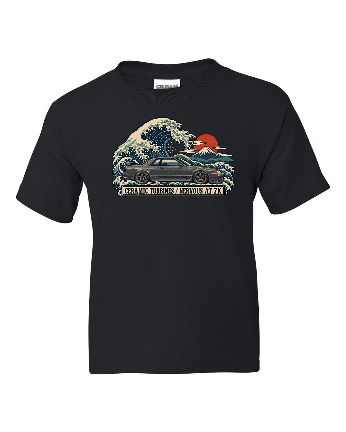 Ukiyo-e woodblock print of a gun grey Nissan Skyline GT-R R32 BNR32 on a wave black kids tee front view with the design