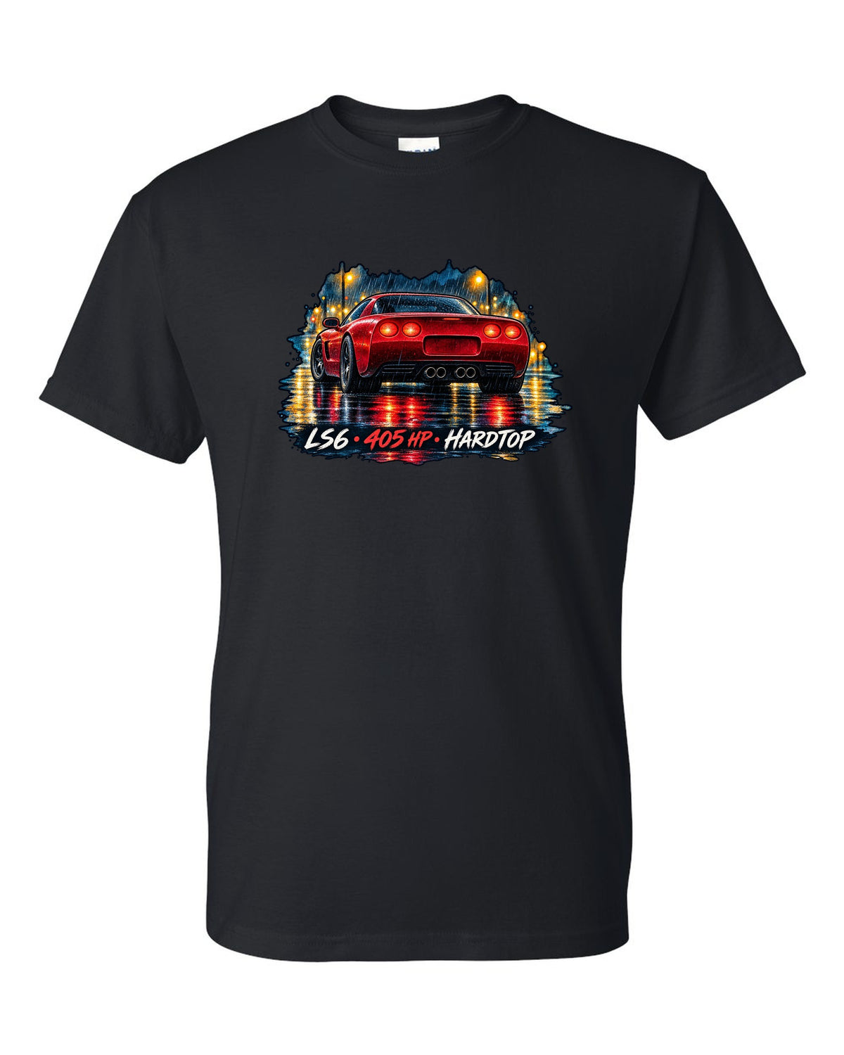 Watercolour wet-road night print of a 2002 Corvette C5 Z06 hardtop with LS6 405 HP lettering black t-shirt front view with the design