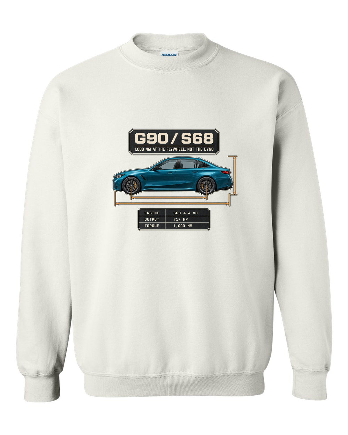 BMW M5 G90 sedan dimension blueprint profile print on a tee white crewneck front view with the design