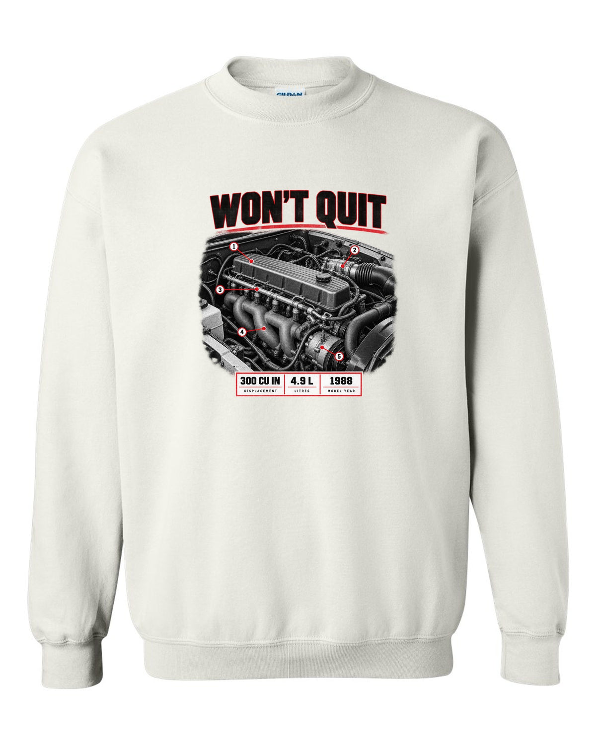 Engine print of a 1987-91 Ford F-150 Brick-Nose 4.9 inline six with 300 cu in text white crewneck front view with the design