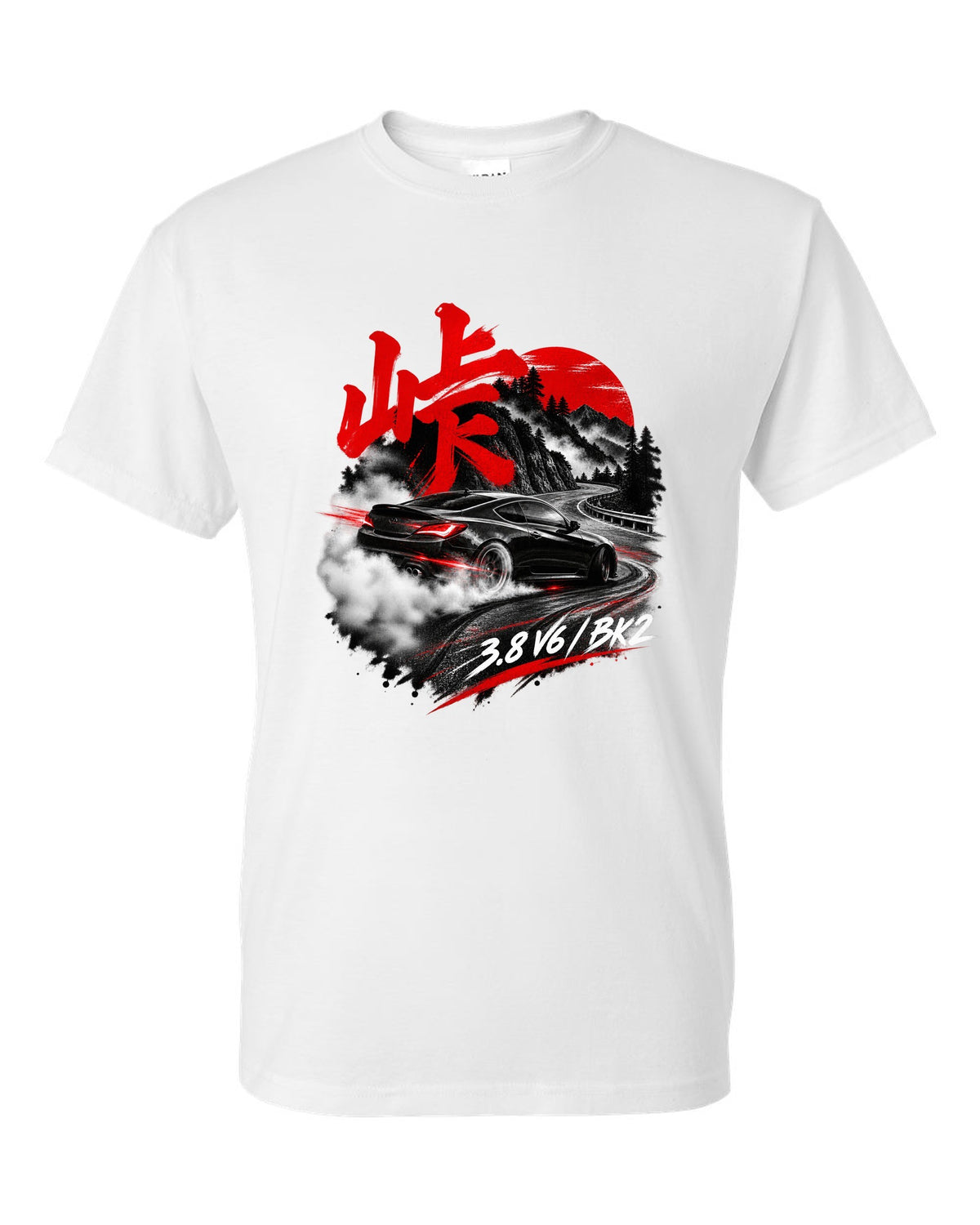 Hyundai Genesis Coupe BK2 on a mountain pass at night with kanji touge text white t-shirt front view with the design