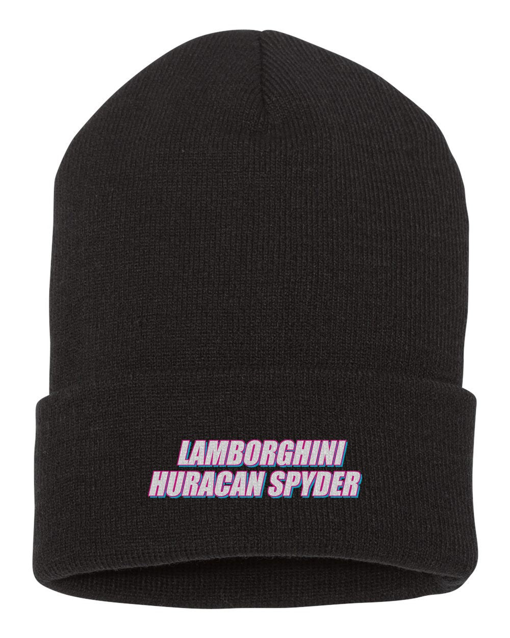 Lamborghini Huracan Spyder black beanie front view with car name