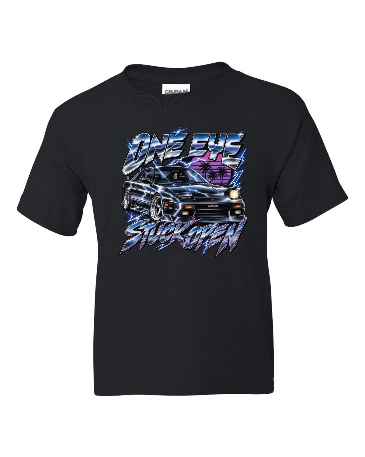 80s airbrush chrome print of a Nissan 180SX S13 ch with one eye stuck open text black kids tee front view with the design