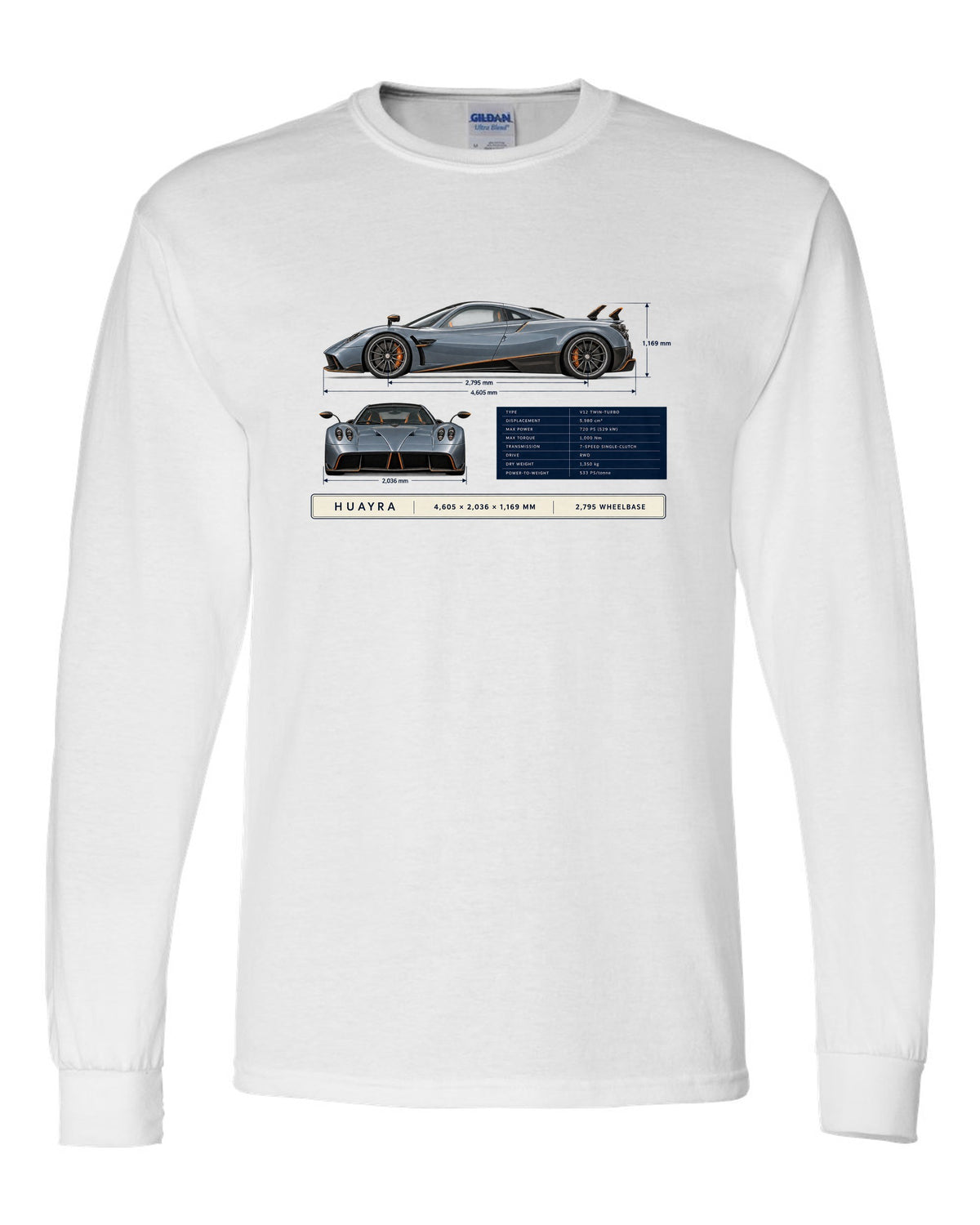 Dimension blueprint print of the Pagani Huayra coupe with 4,605 x 2,036 x 1,169 mm and 2,795 wheelbase white long sleeve front view with the design