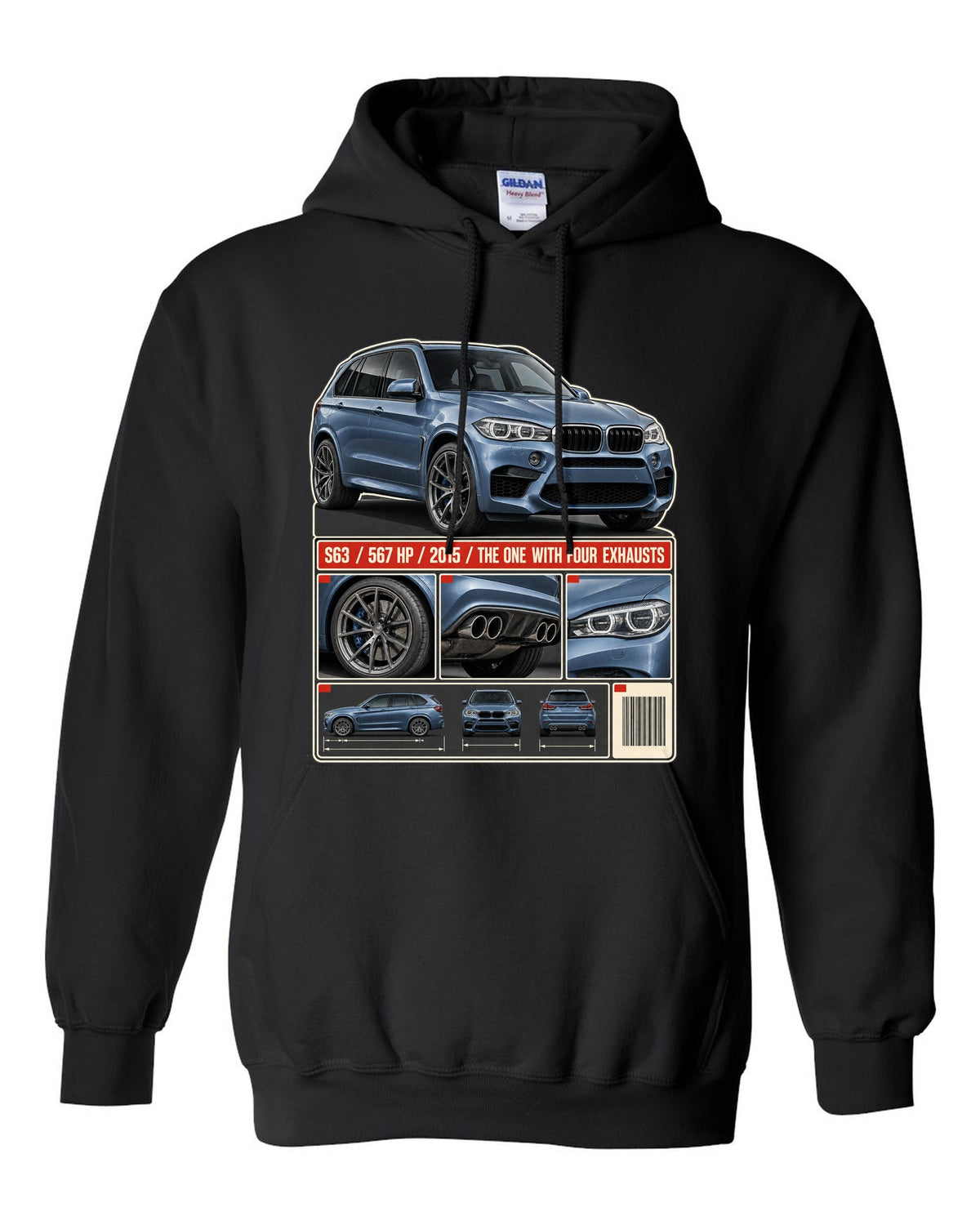 BMW X5 M F85 dossier panels print on a tee black pull over hoodie front view with the design