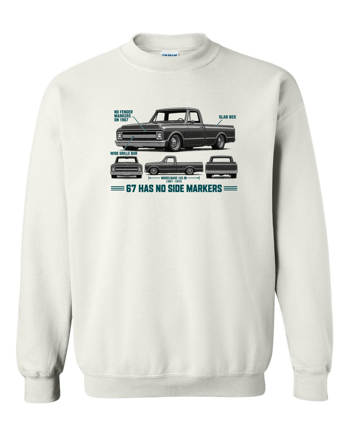 Chevrolet C10 Fleetside 1967-72 Spec Strip white crewneck front view with the design