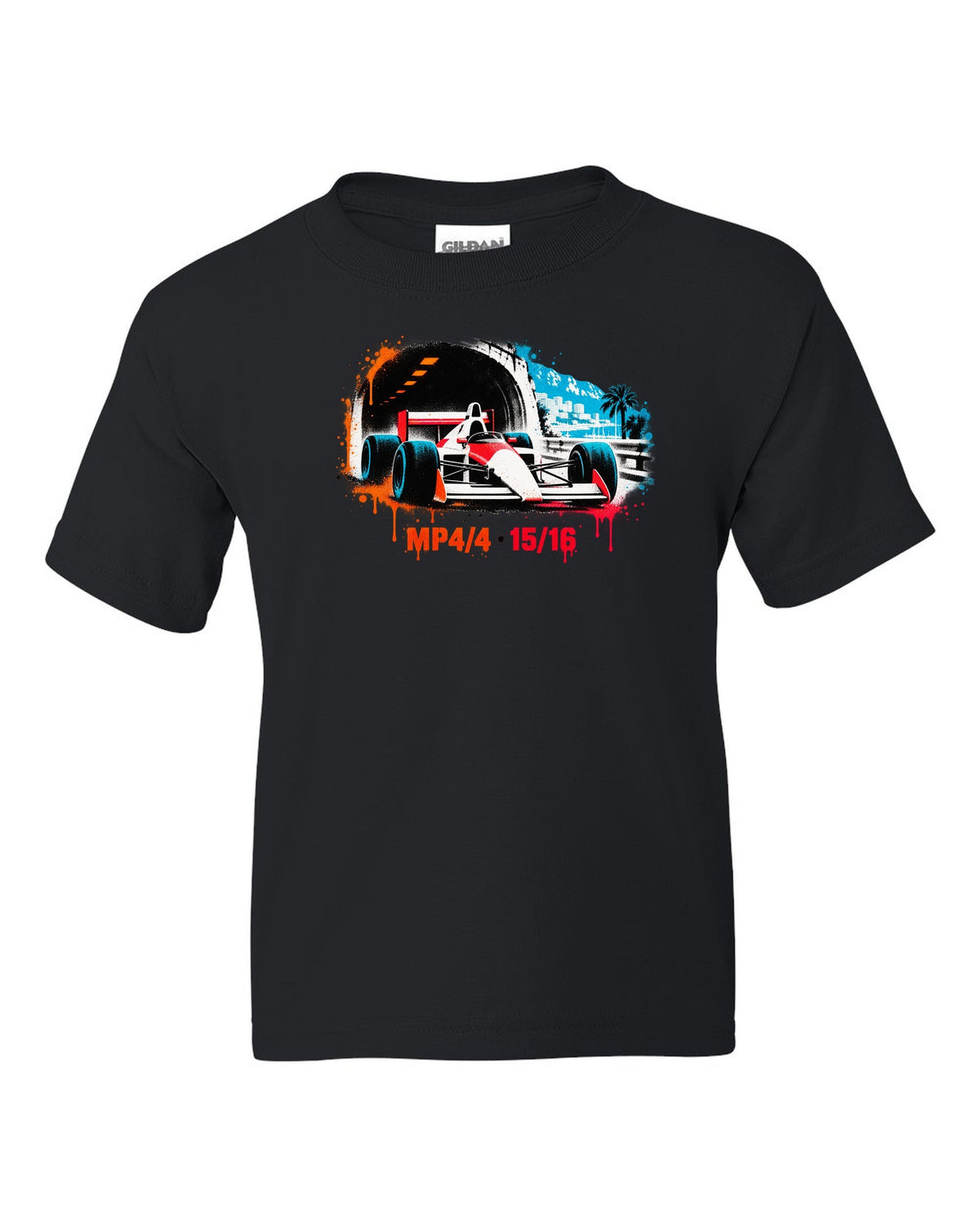 Stencil spray art of the McLaren MP4/4 Formula 1 car with 15/16 lettering black kids tee front view with the design