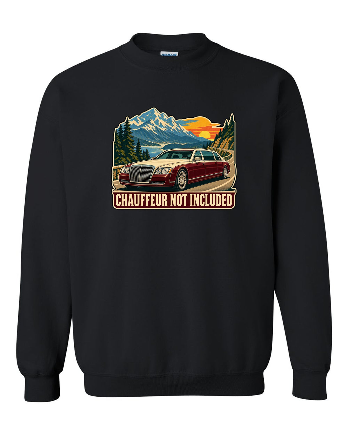 1960s litho travel poster of a Maybach 57 W240 with Chauffeur Not Included text black crewneck front view with the design