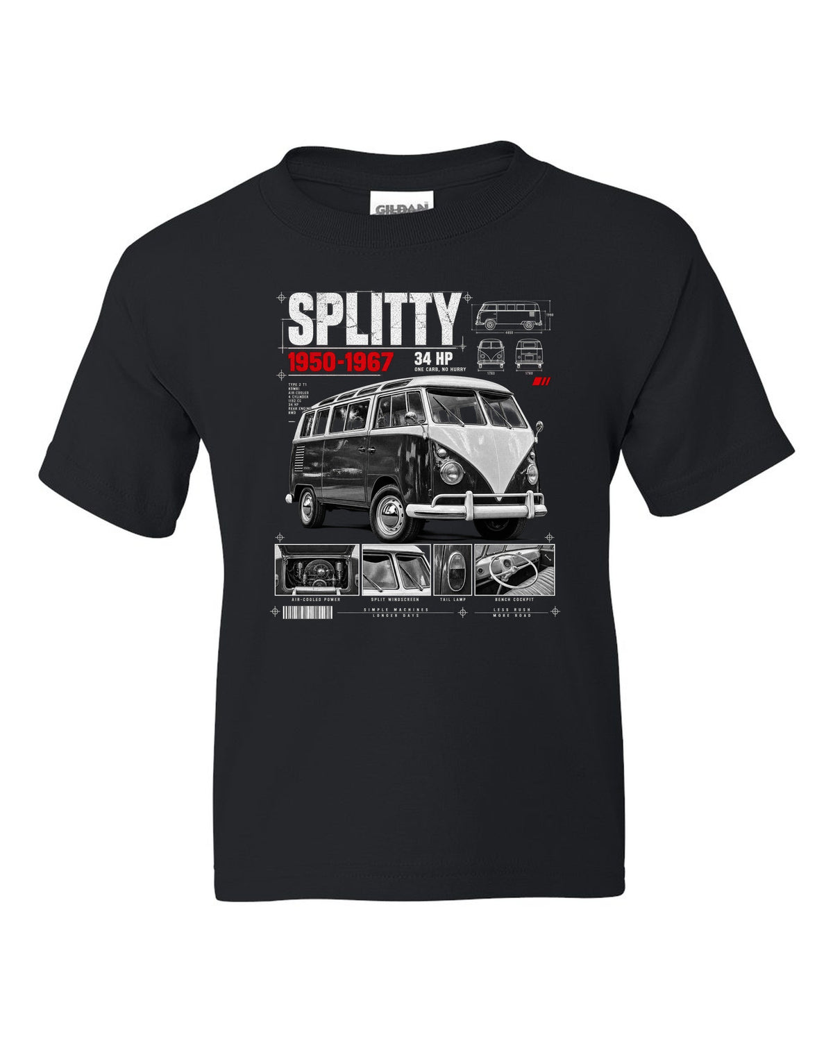 Dossier panel print of a 1962 VW T1 split-window Kombi with spec text black kids tee front view with the design