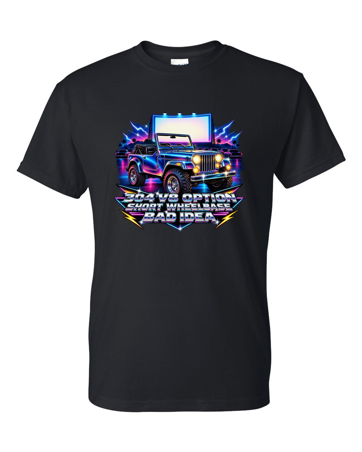 80s airbrush chrome print of a Jeep CJ-5 with 304 V8 option text black t-shirt front view with the design