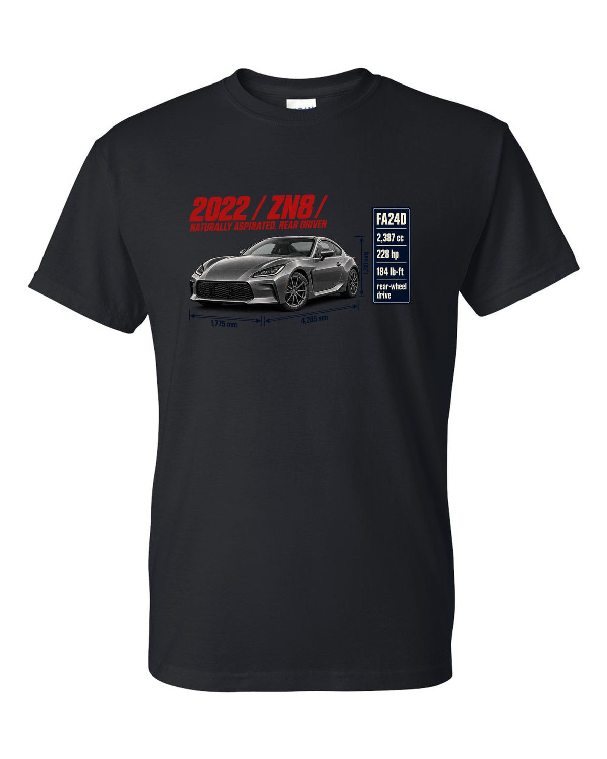 Spec poster layout for a 2022 Toyota GR86 ZN8, poster-style print black t-shirt front view with the design