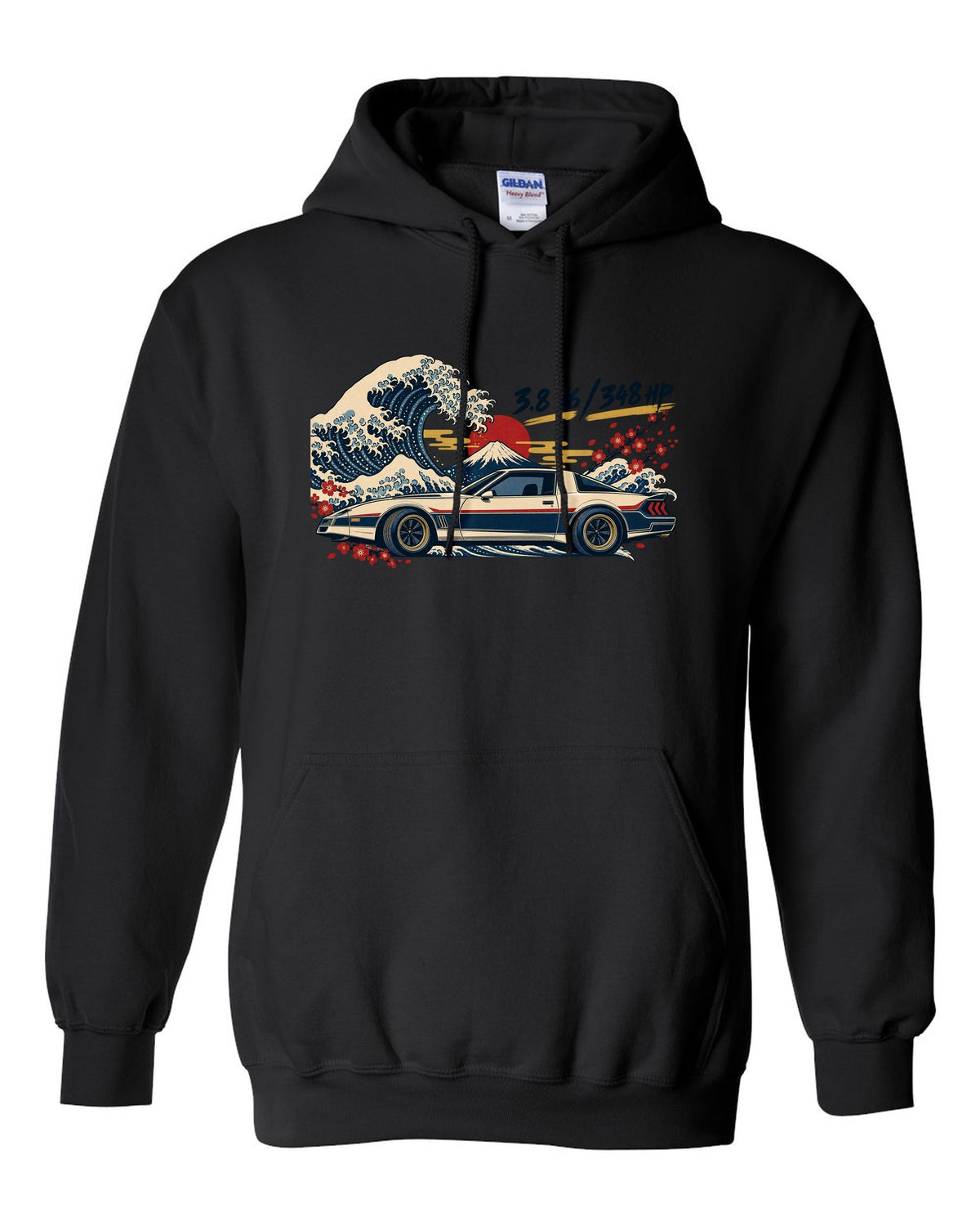 Ukiyo-e woodblock print of a Hyundai Genesis Coupe BK2 with 3.8 V6 348 HP text black pull over hoodie front view with the design