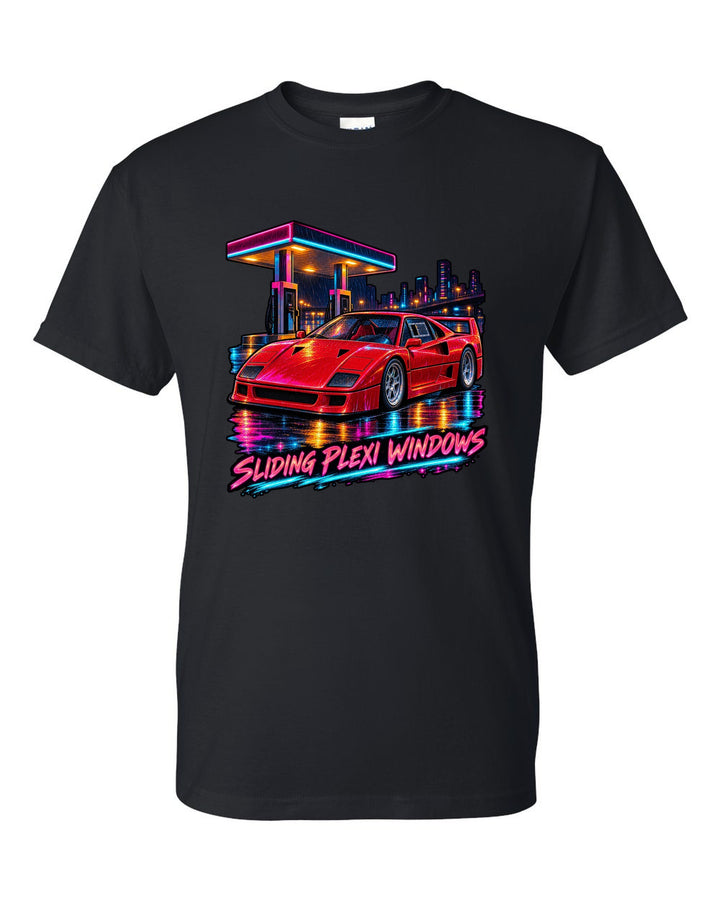 Neon night-city gouache print of a 1987 Ferrari F40 F120 with sliding plexi windows text black t-shirt front view with the design