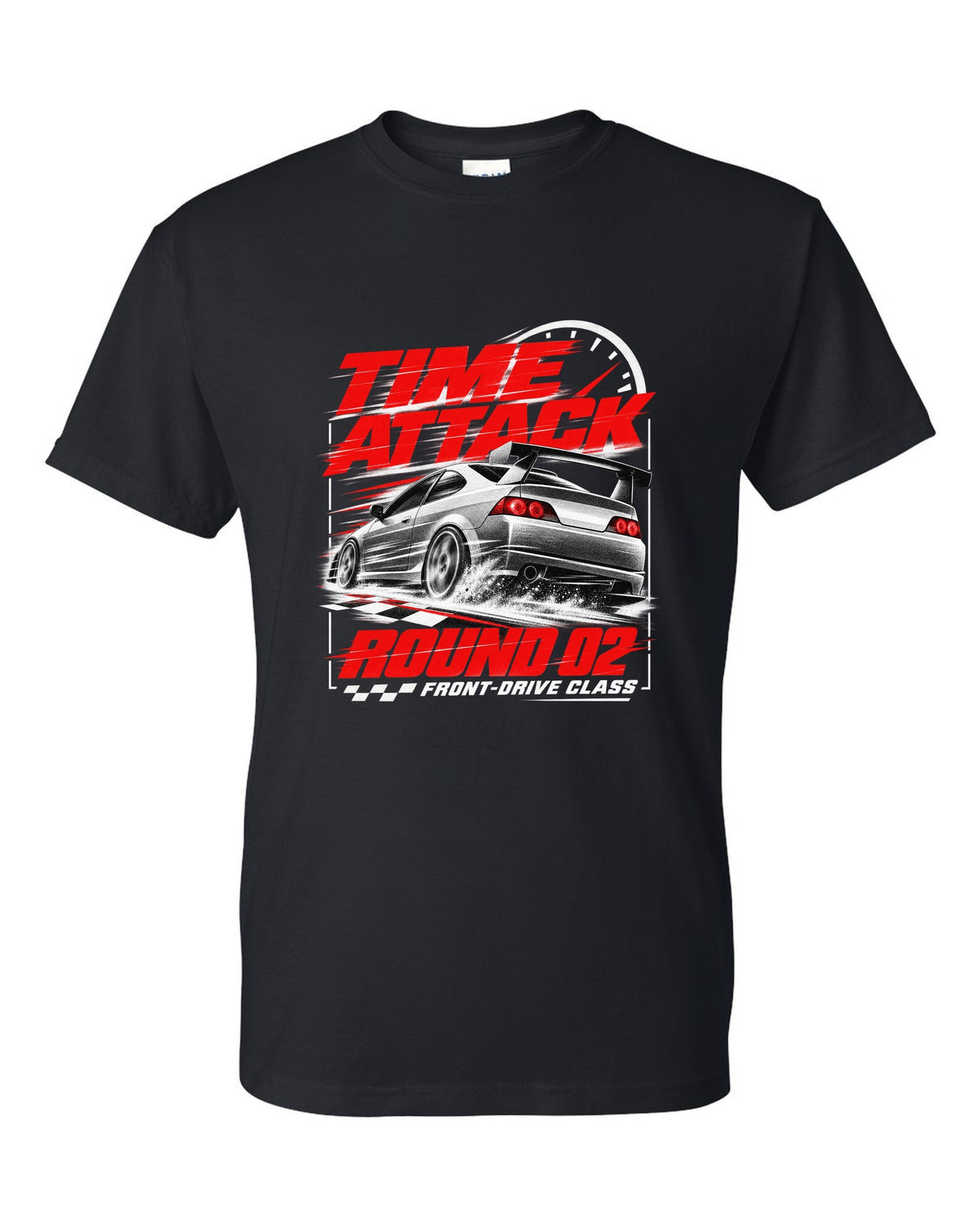 Honda Integra DC5 Type R race poster design for time attack round 02 front-drive class black t-shirt front view with the design