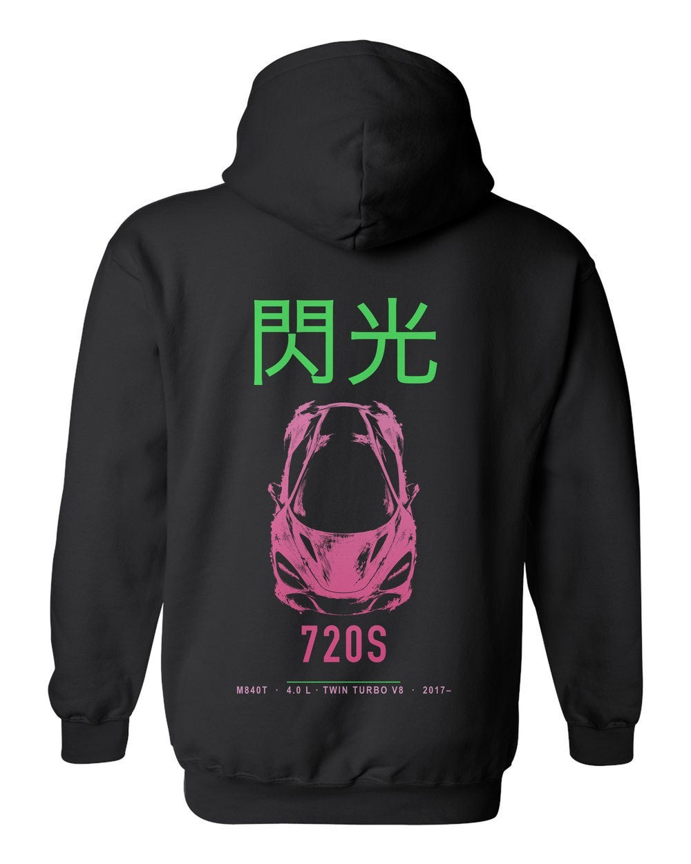 720S full-back artwork black pull over hoodie back view with the design