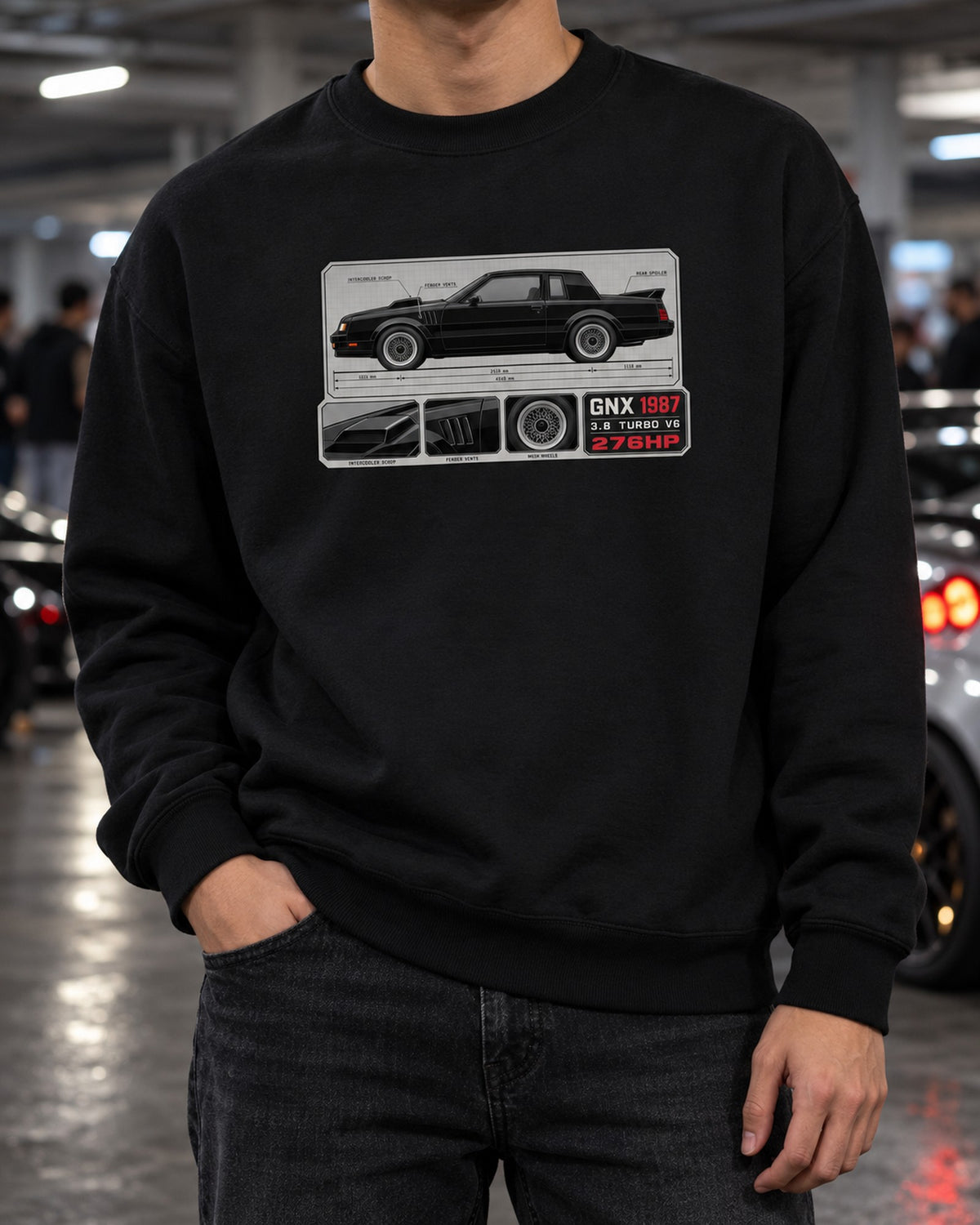 1987 Buick GNX Spec Sheet Shirt, Turbo V6 Car Guy Gift Crewneck Black worn hero