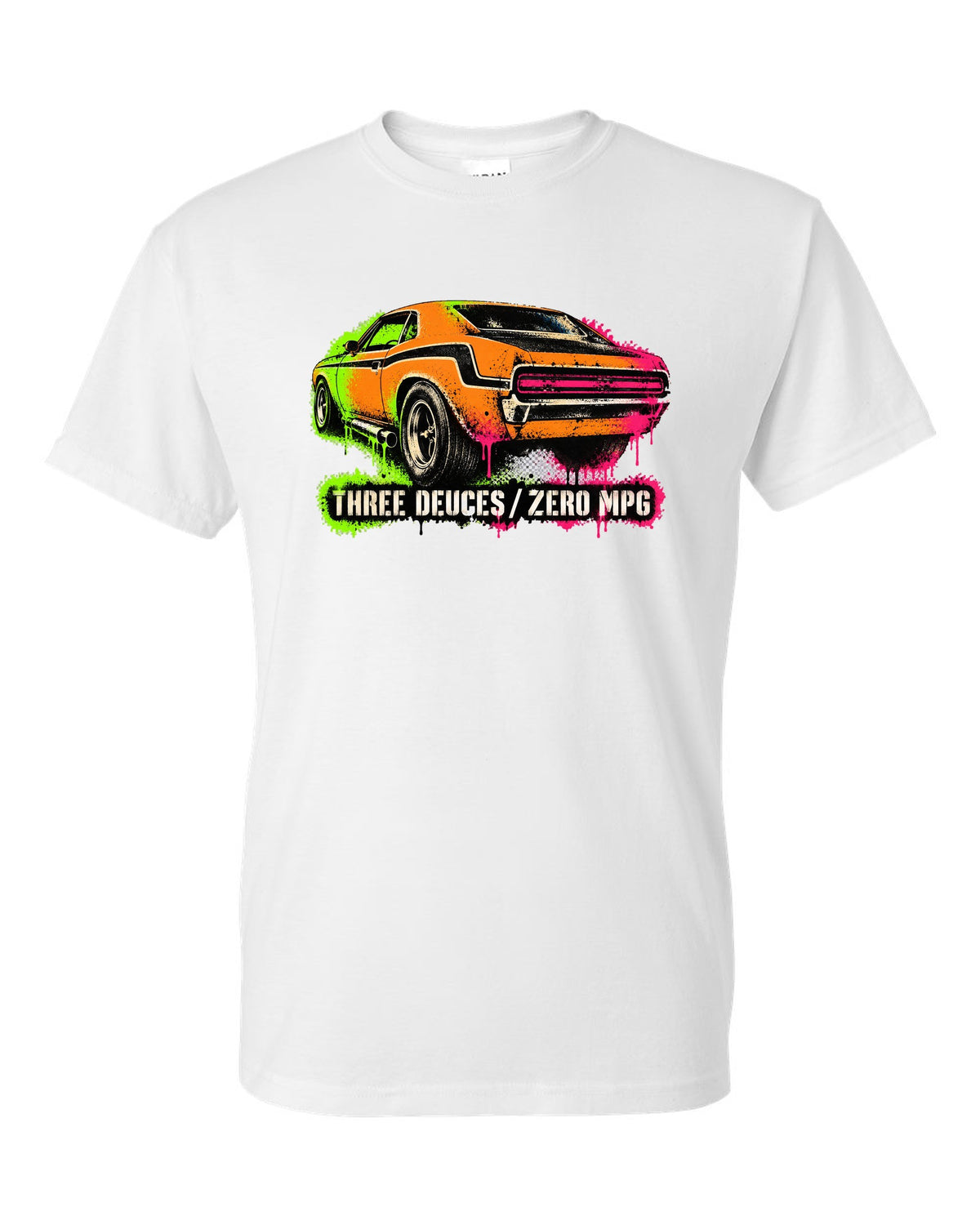 1970 Dodge Challenger T/A gas-station stencil spray paint print with Three Deuces Zero MPG text white t-shirt front view with the design