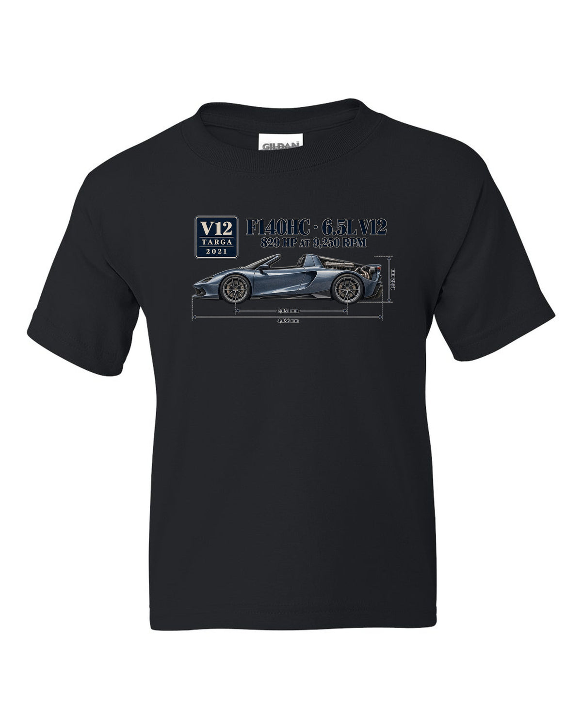 Ferrari Daytona SP3 dimension blueprint print with F140HC 6.5L V12 black kids tee front view with the design