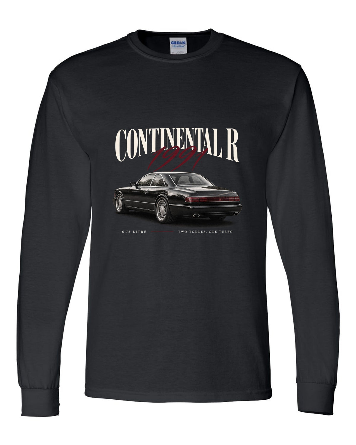 Bentley Continental R editorial headline print black long sleeve front view with the design