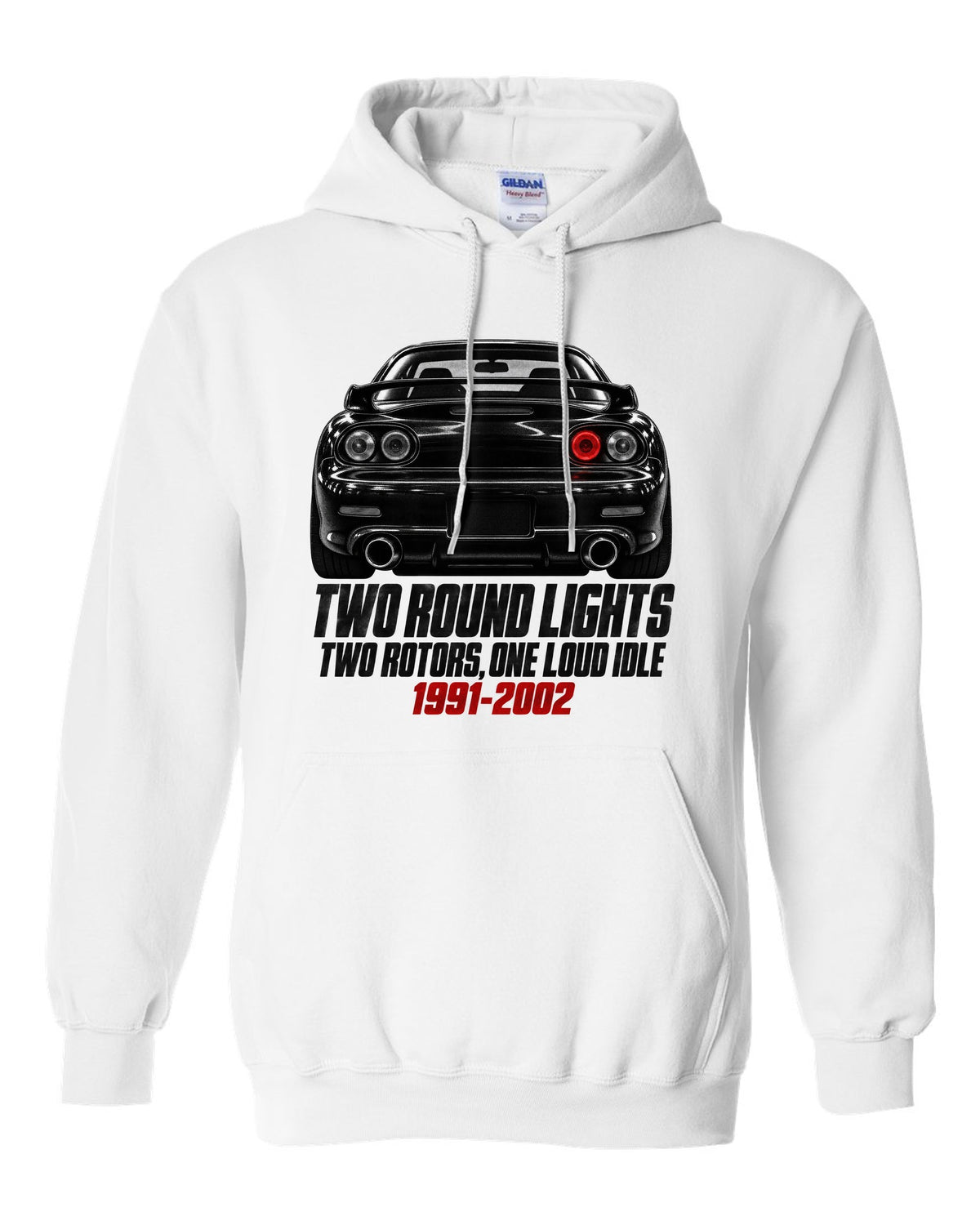 Taillight detail print of a Mazda RX-7 FD3S with two round lamps white pull over hoodie front view with the design