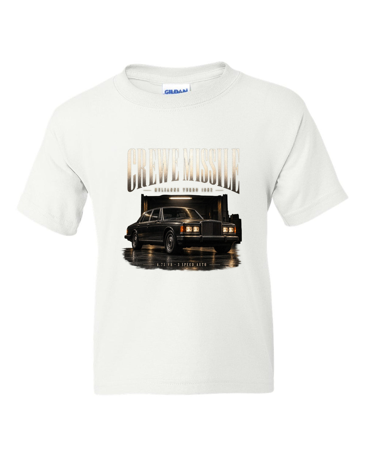 Bentley Mulsanne Turbo 1982 in a garage at night white kids tee front view with the design
