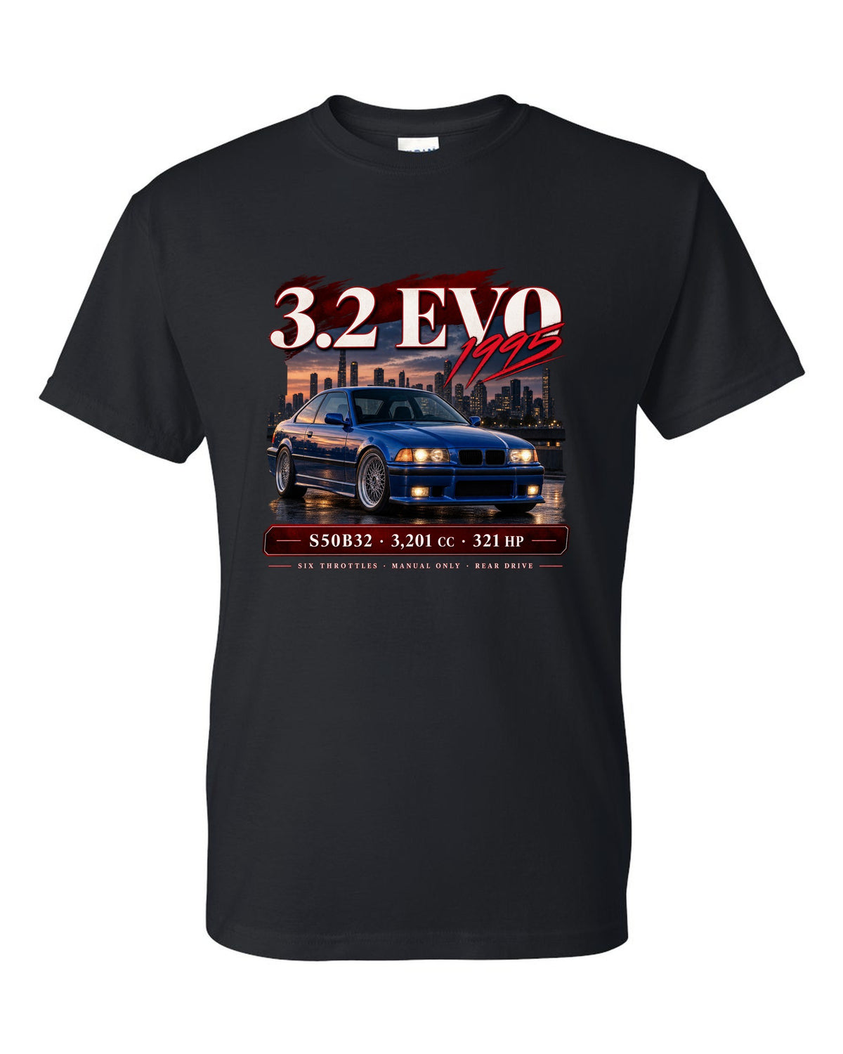 BMW E36 M3 3.2 Evo coupe archive panel print with S50B32 and 321 HP text black t-shirt front view with the design
