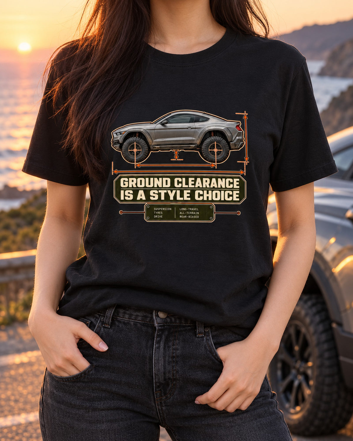 Mustang Raptor Concept Blueprint Shirt, Ground Clearance Joke T-Shirt Black worn hero