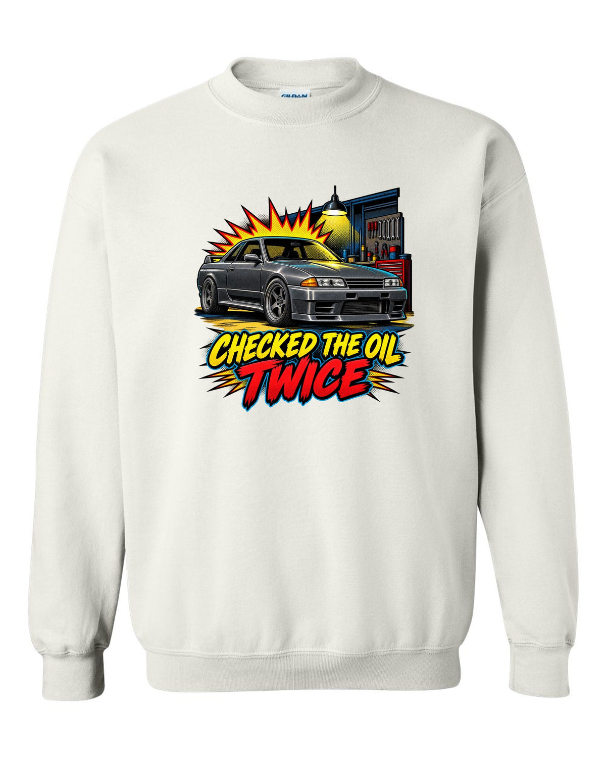 Comic halftone pop-art print of a Nissan Skyline GT-R R32 BNR32 in a garage white crewneck front view with the design