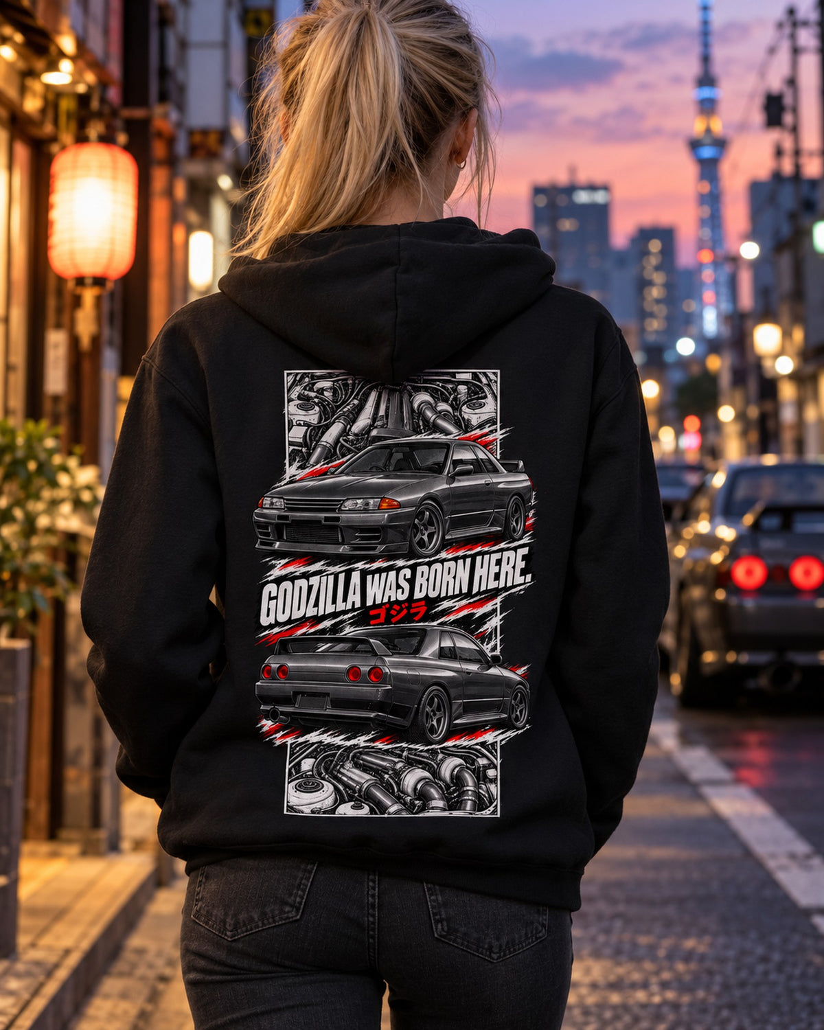 Nissan Skyline GT-R R32 Torn Poster Full-Back Graphic Tee Zip Hoodie Black worn hero