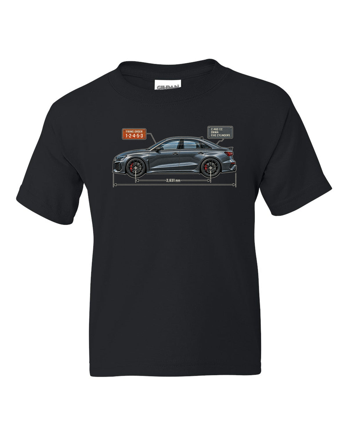 Blueprint of the Audi RS3 8Y sedan with 1-2-4-5-3 firing order black kids tee front view with the design