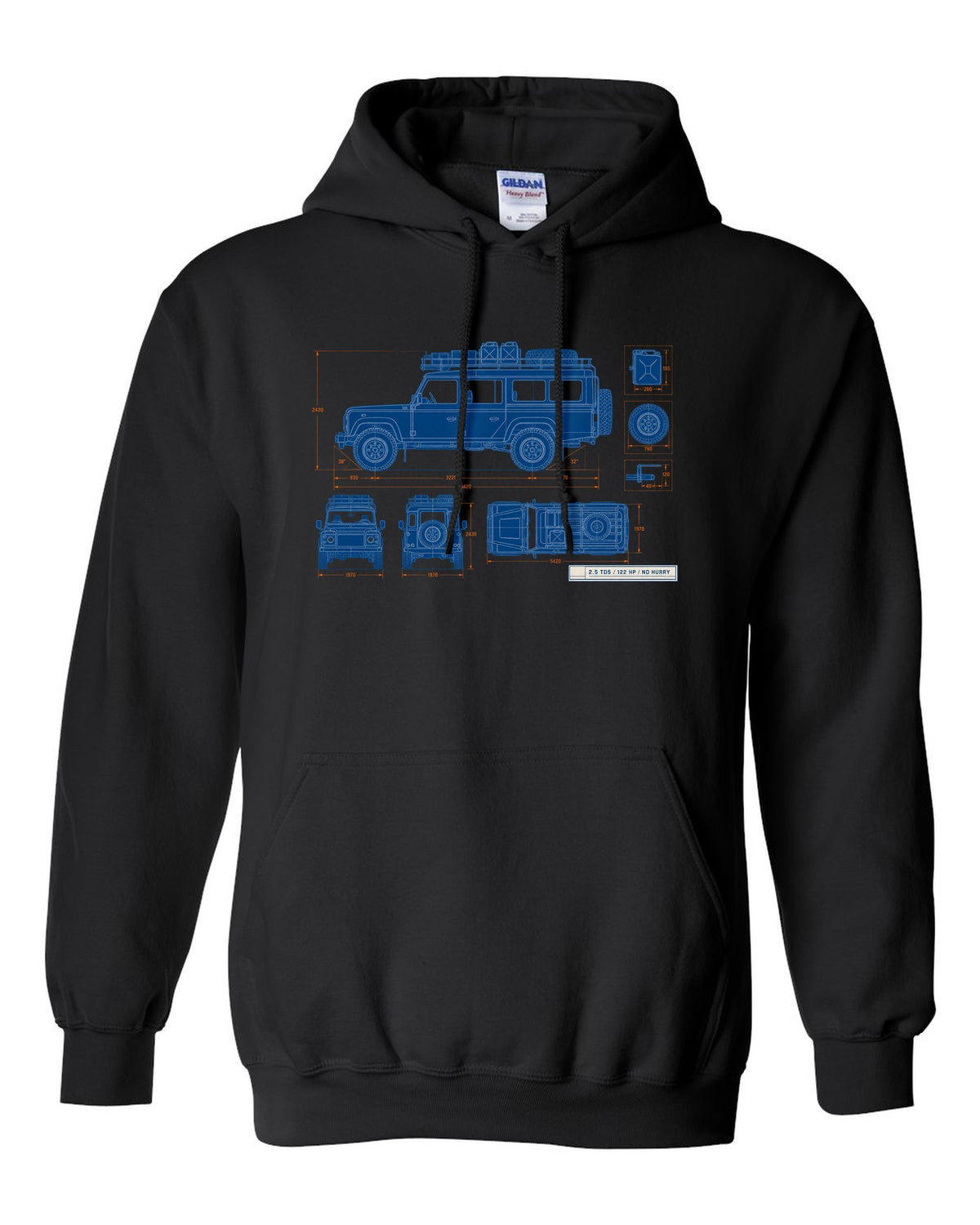 Blueprint line drawing print of a Land Rover Defender 110 Td5 with roof rack and 2.5 TD5 text black pull over hoodie front view with the design