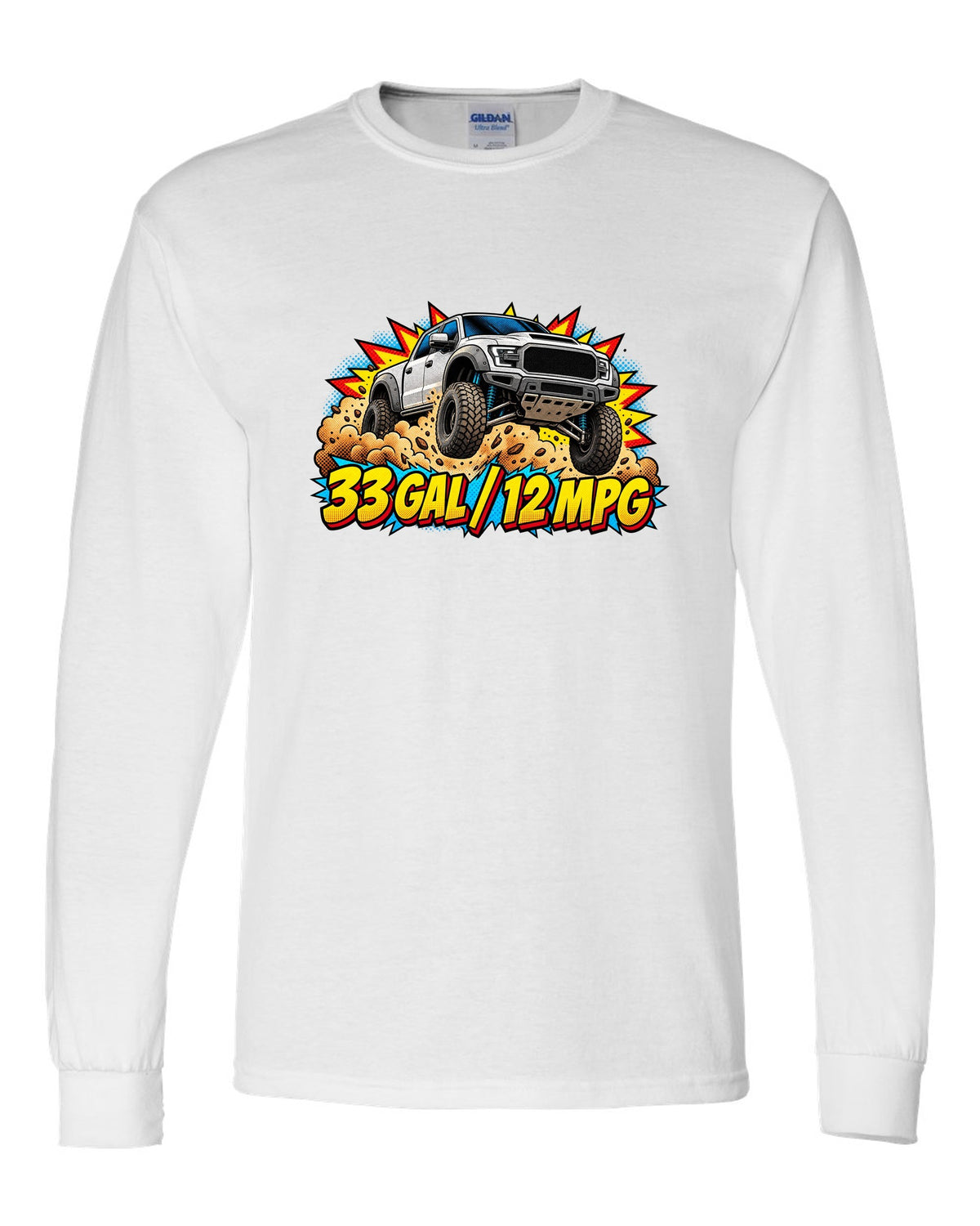 Comic halftone print of an airborne 2021-2024 Ram 1500 TRX with 33 gal 12 mpg text white long sleeve front view with the design