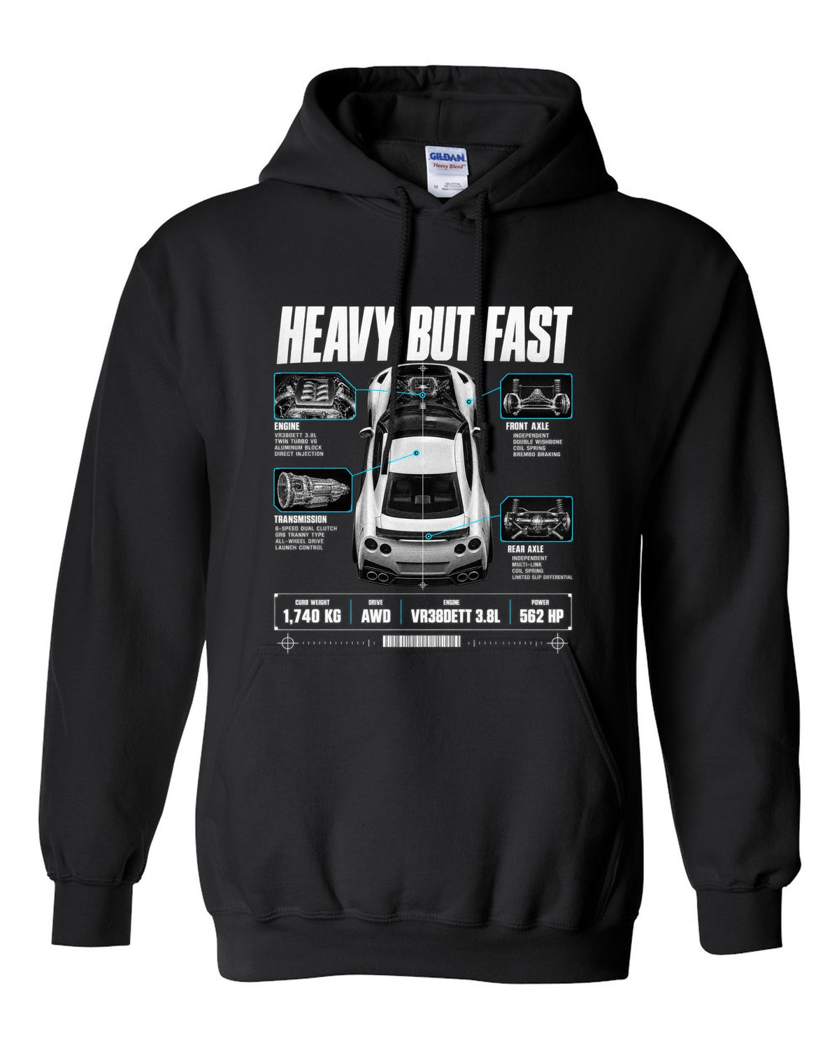 Top-down and profile spec poster of a Nissan GT-R R35 with 1,740 kg curb weight and VR38DETT lettering black pull over hoodie front view with the design
