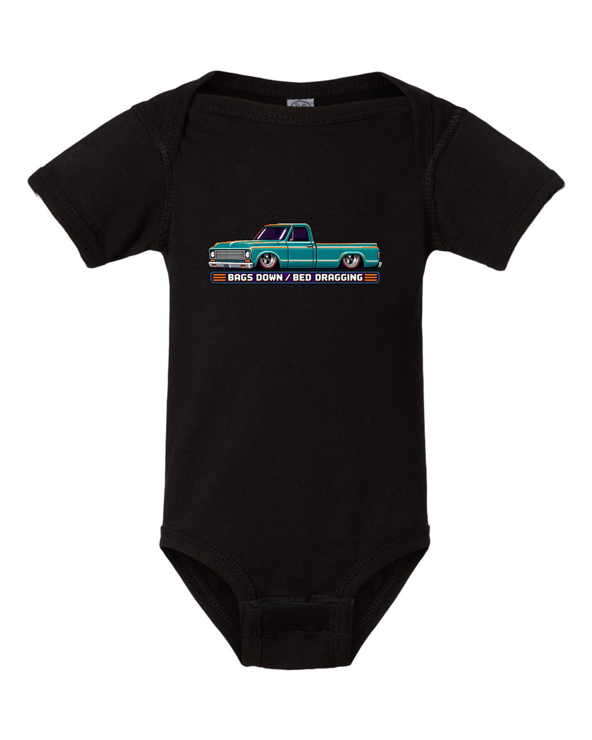 8/16-bit pixel art print of a bagged 1967-72 Chevrolet C10 Action Line Fleetside with bags down bed dragging lettering black baby onesie front view with the design