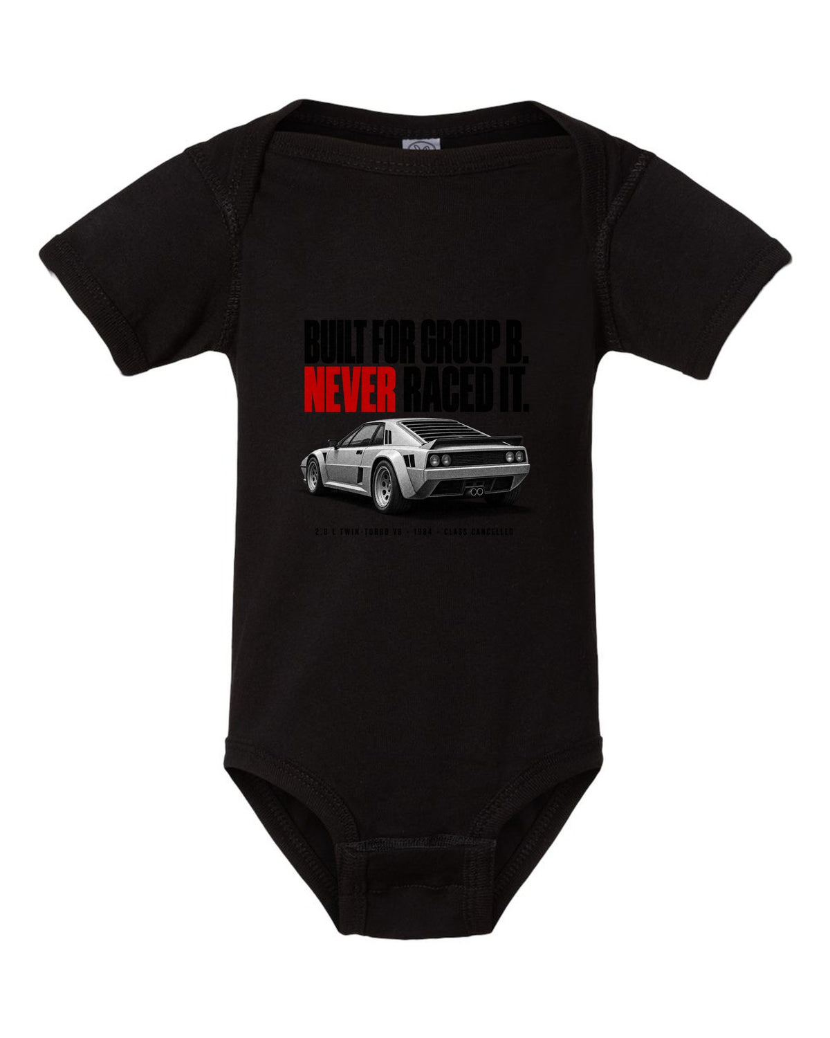 Ferrari 288 GTO 1984 rear three-quarter halftone print, built for Group B, never raced it black baby onesie front view with the design