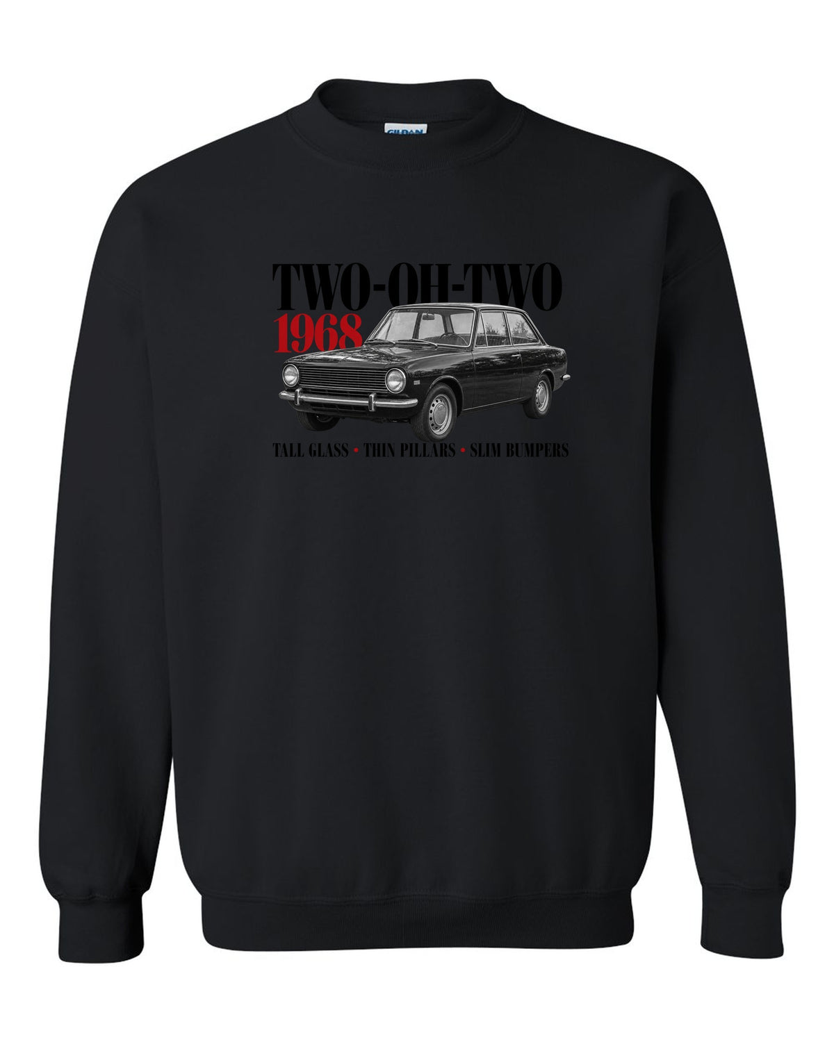 BMW 2002 editorial print with Two-Oh-Two 1968 headline and design details black crewneck front view with the design