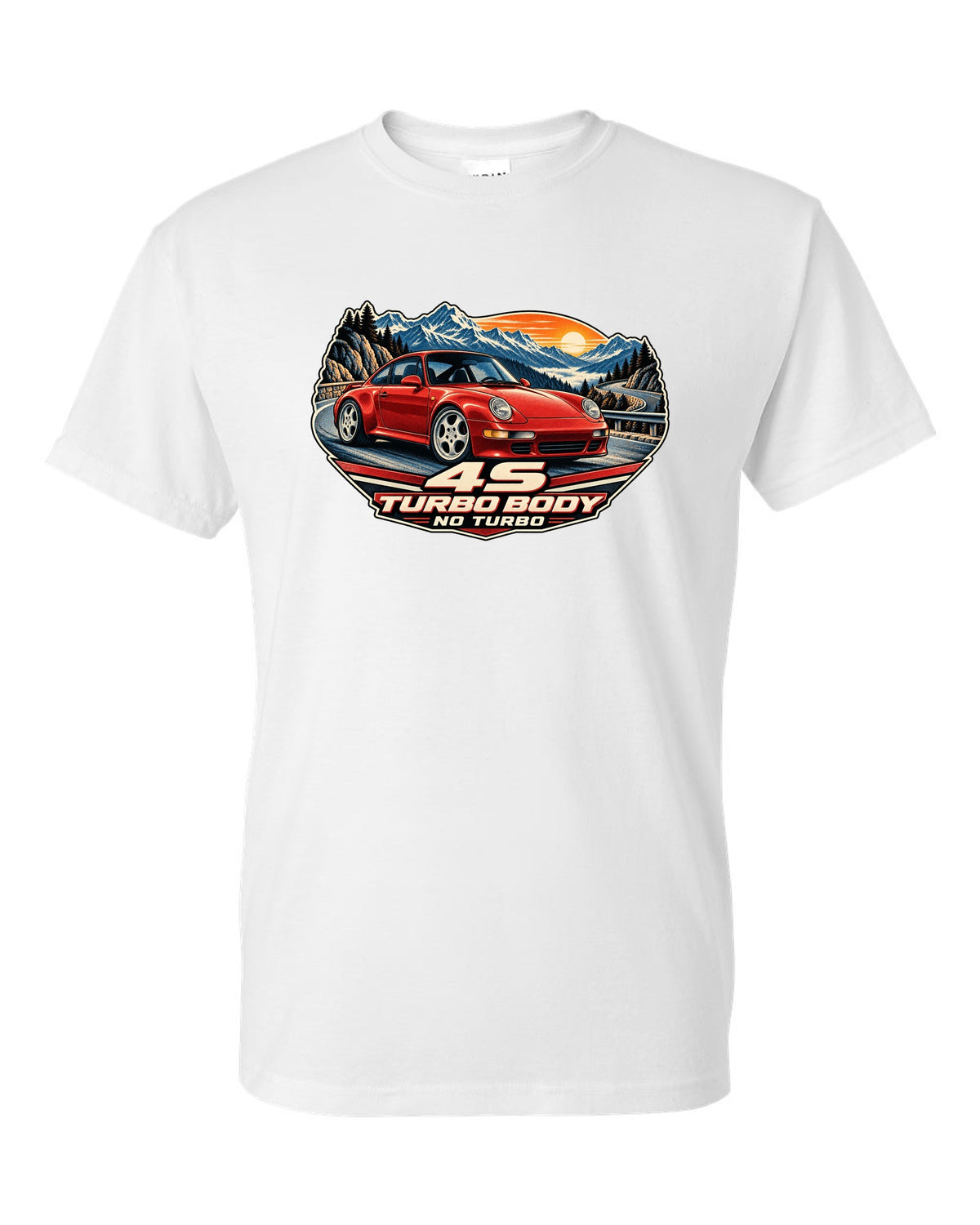 Shield crest print of a 1973 Porsche 911 Carrera RS 2.7 ducktail with the text RS 2.7, 210 PS and 975 KG white t-shirt front view with the design