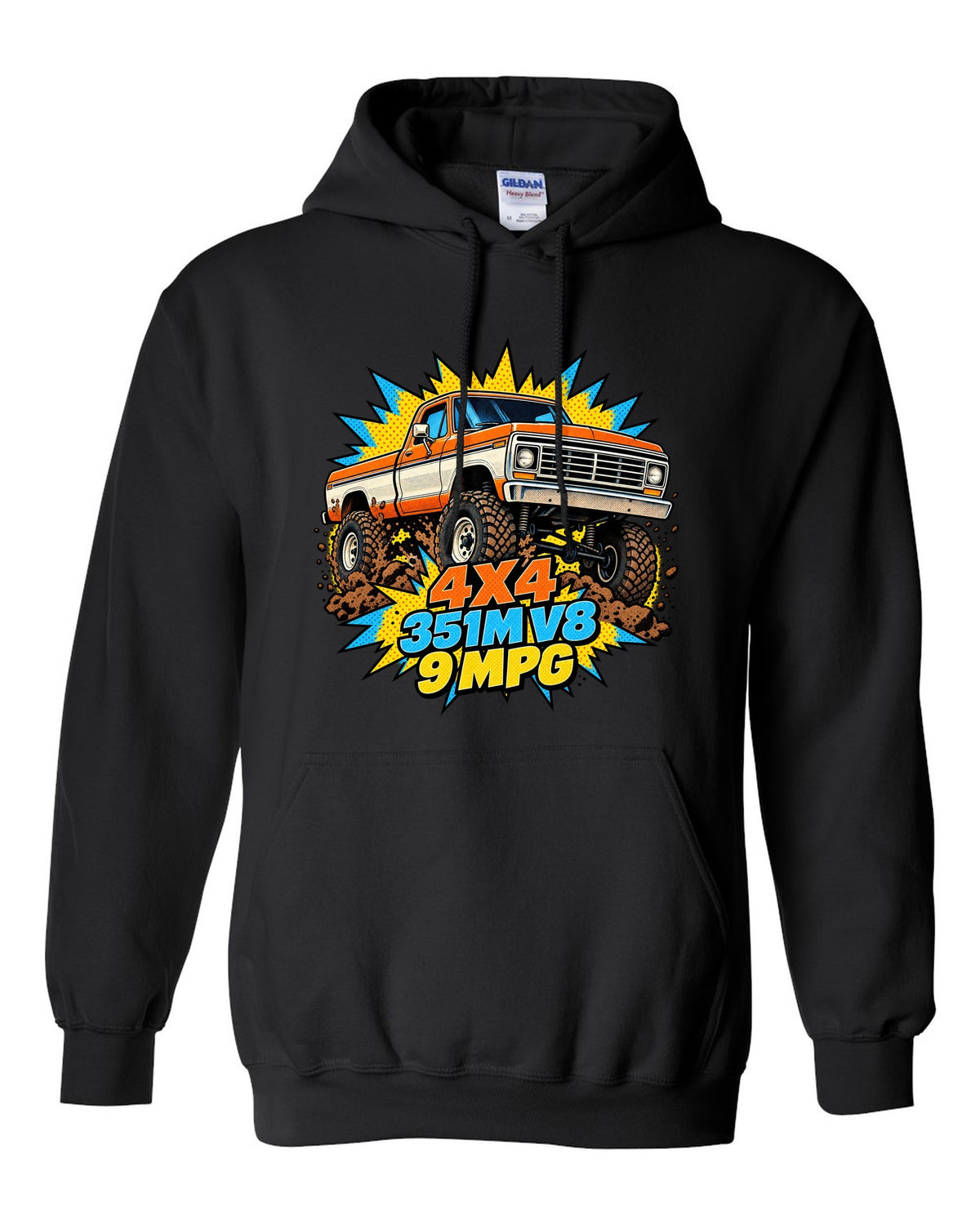 Dent-Side Ford F-150 Comic Halftone Pop-Art Workshop Tee black pull over hoodie front view with the design