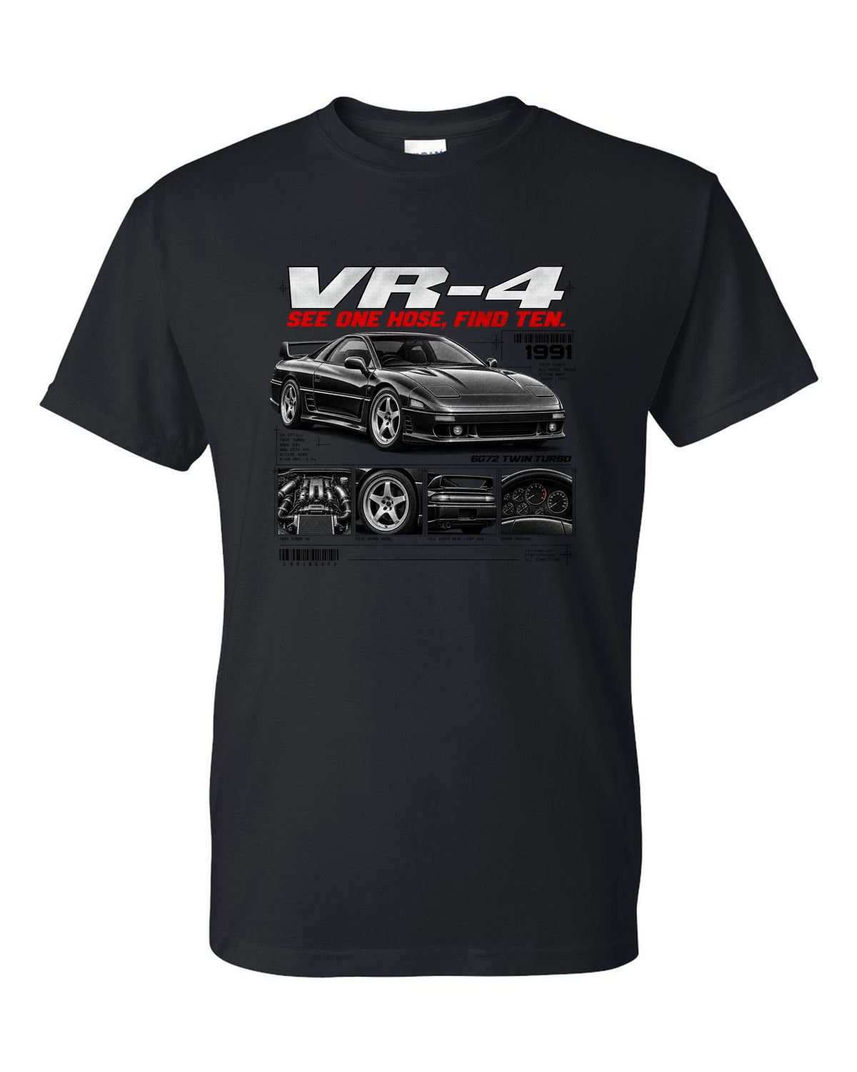 Mitsubishi 3000GT VR-4 Z16A dossier panel print with 6G72 twin turbo text black t-shirt front view with the design