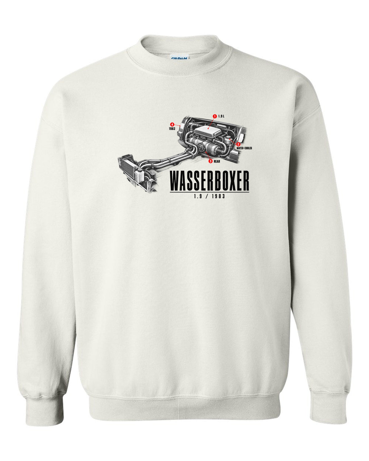 Engine hero print of the VW T3 Wasserboxer 1.9 water-cooled boxer engine with 1983 text white crewneck front view with the design