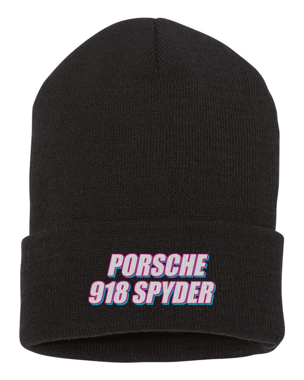 Porsche 918 Spyder black beanie front view with car name