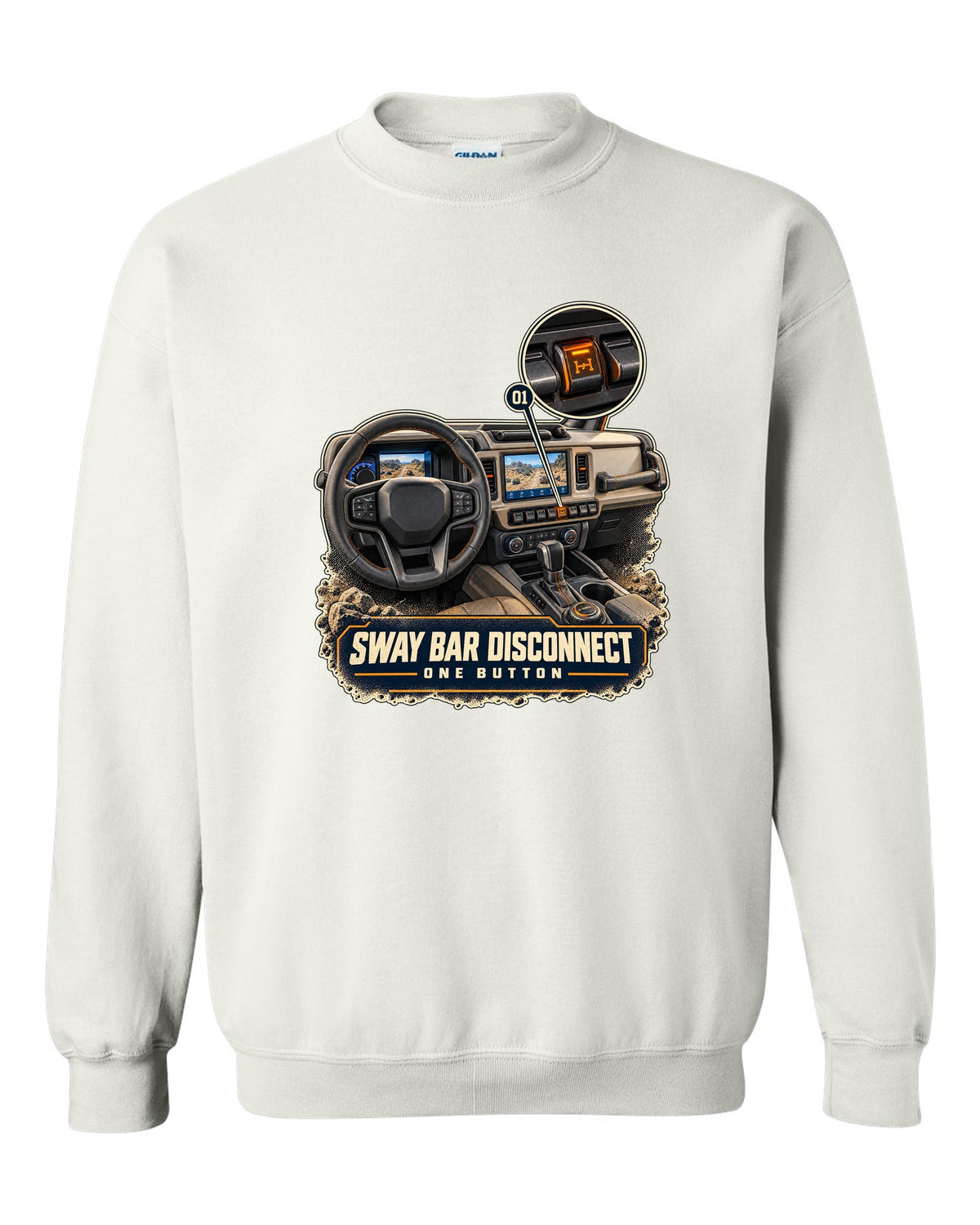 Ford Bronco Badlands dash with sway bar disconnect switch print white crewneck front view with the design