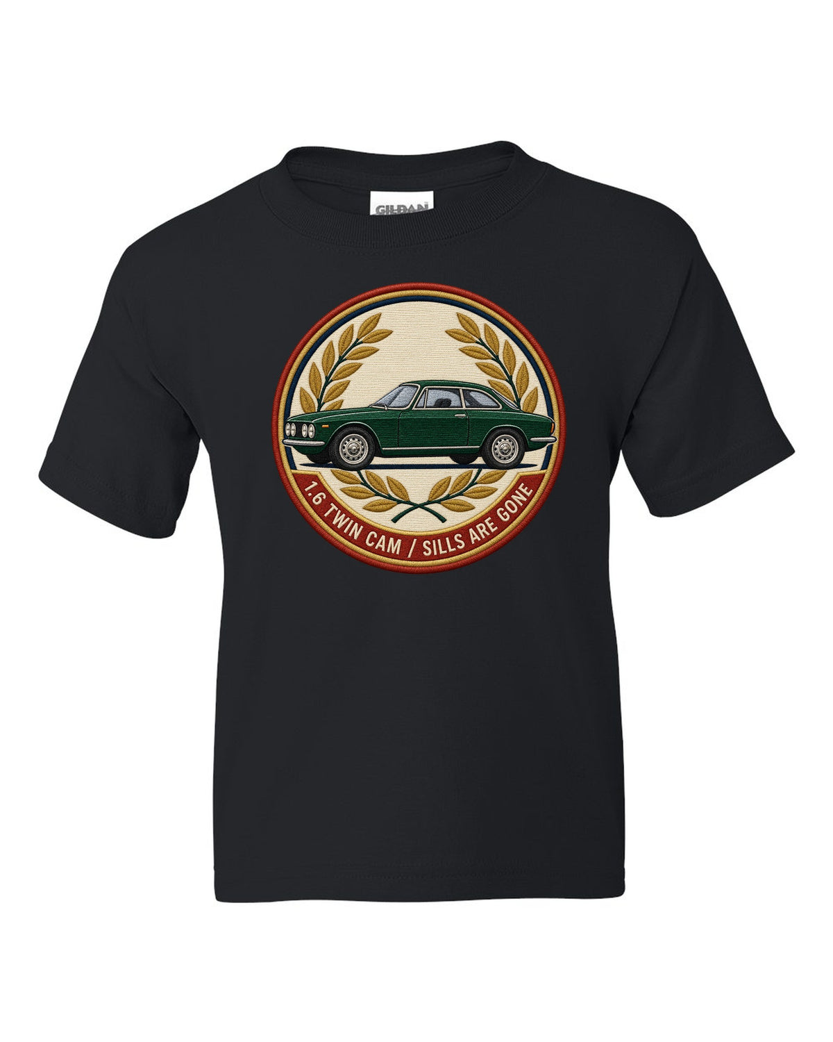 Embroidery style varsity crest for an Alfa Romeo Giulia Sprint GT 105 with 1.6 twin cam black kids tee front view with the design