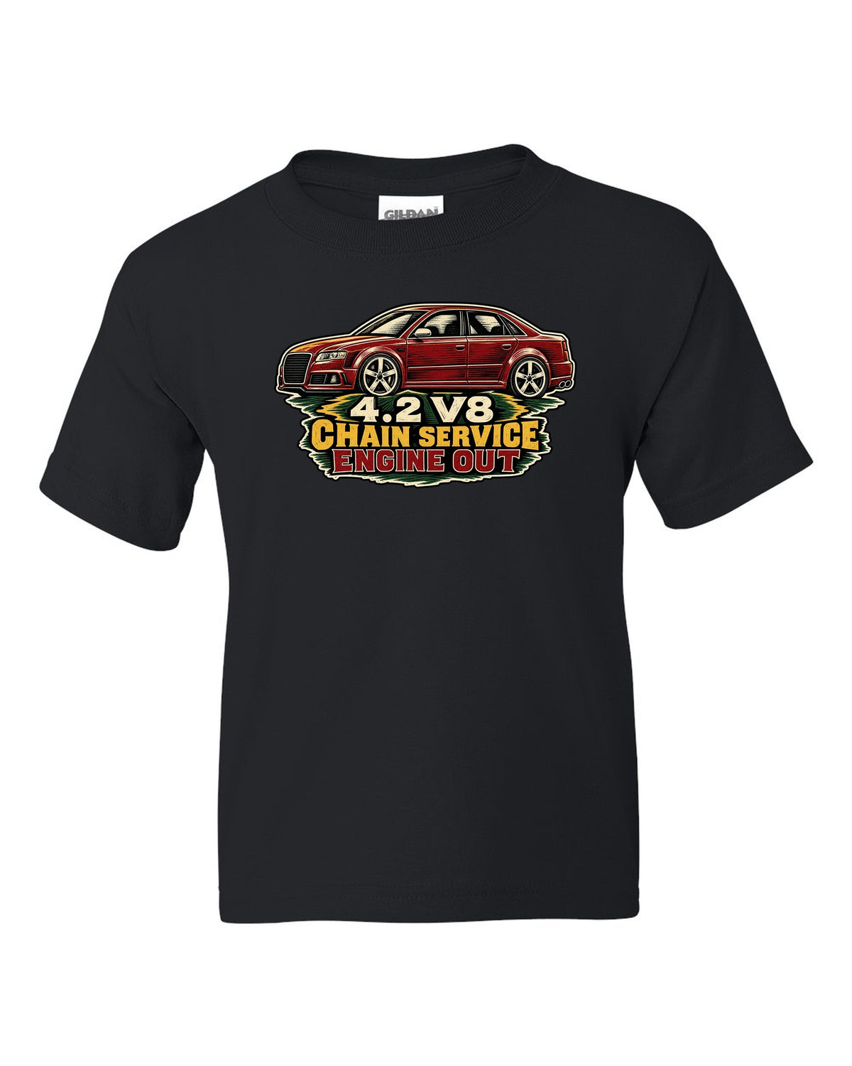 Linocut style print of an Audi S4 B7 sedan with 4.2 V8 chain service text black kids tee front view with the design