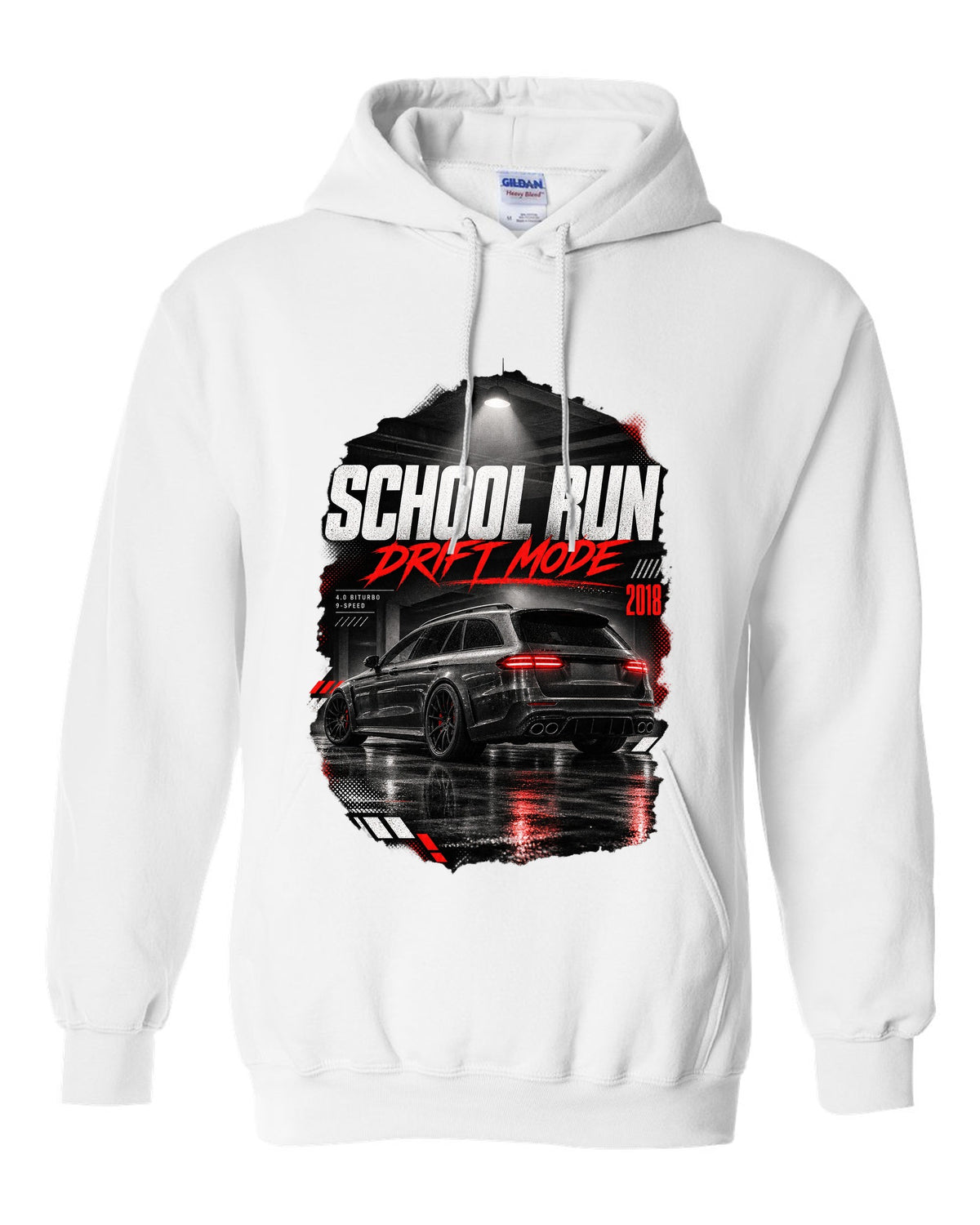 print of a Mercedes E63 S wagon S213 in a night garage with the text School Run / Drift Mode white pull over hoodie front view with the design