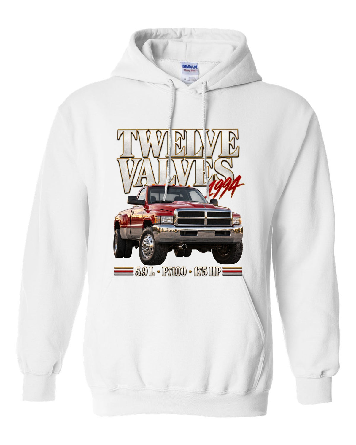 Editorial print of a 1994-98 Ram 2500 Cummins 5.9 12V with P7100 pump lettering white pull over hoodie front view with the design